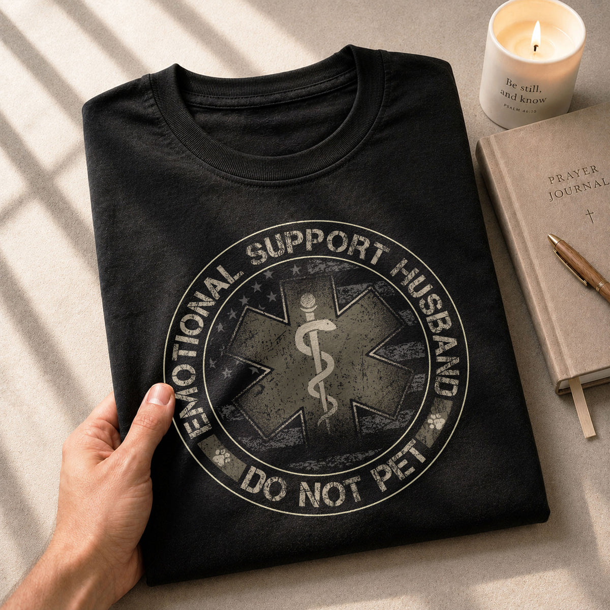 Emotional Support Husband Do Not Pet Star Crest Graphic Tee Shirt Casual Cotton Top