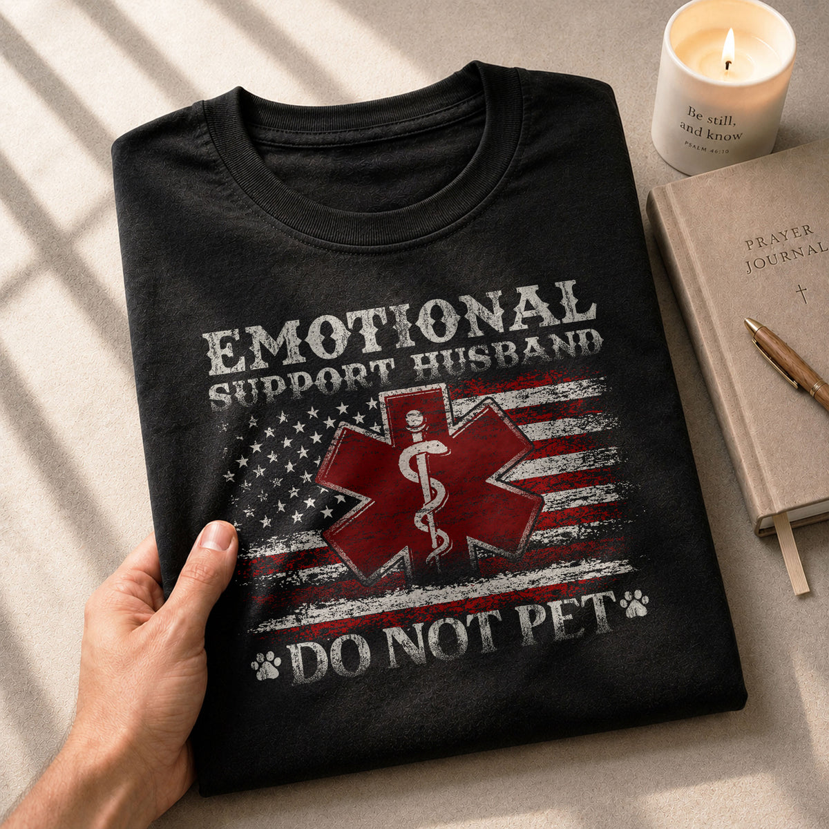 Emotional Support Husband Do Not Pet American Flag Graphic Tee Shirt Cotton Apparel