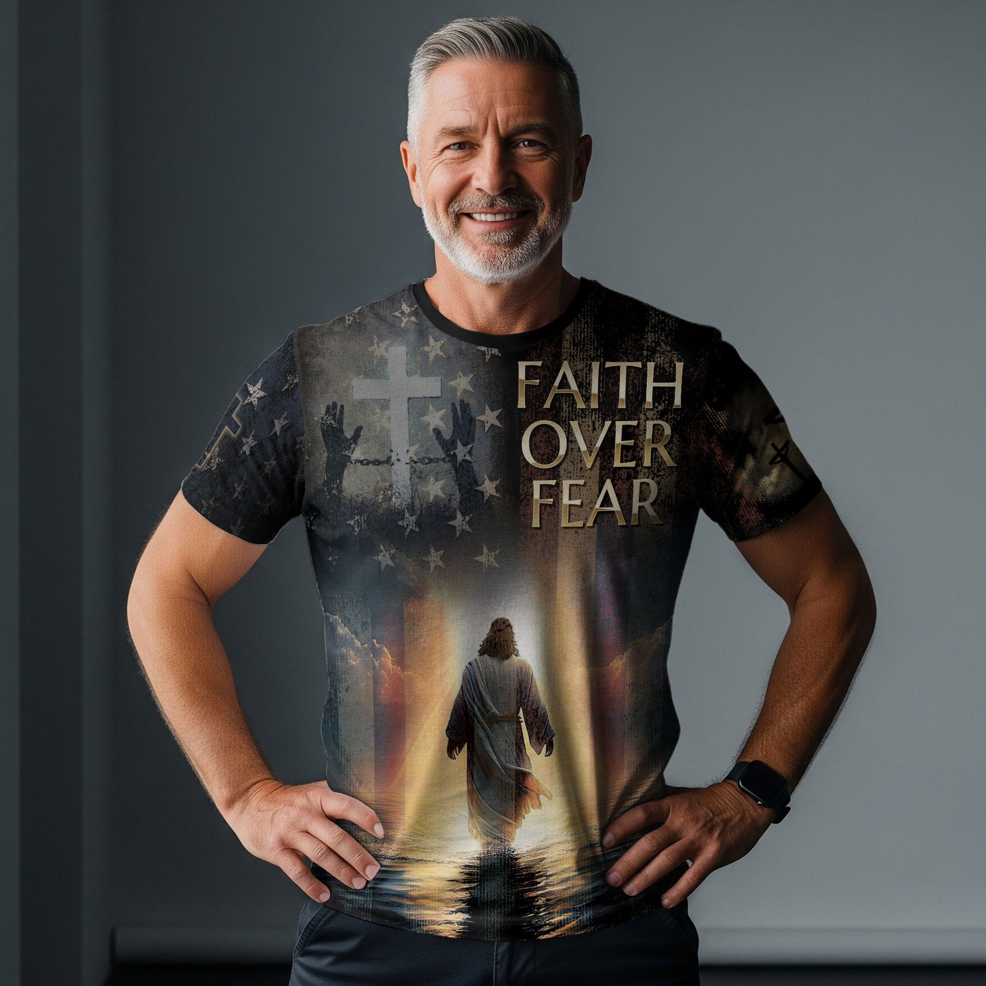 Christian Tee Shirts, Faith Over Fear Jesus Walks On Water Patriotic - Freedom Shirts for Men, RustField Co - Rust Field Wear