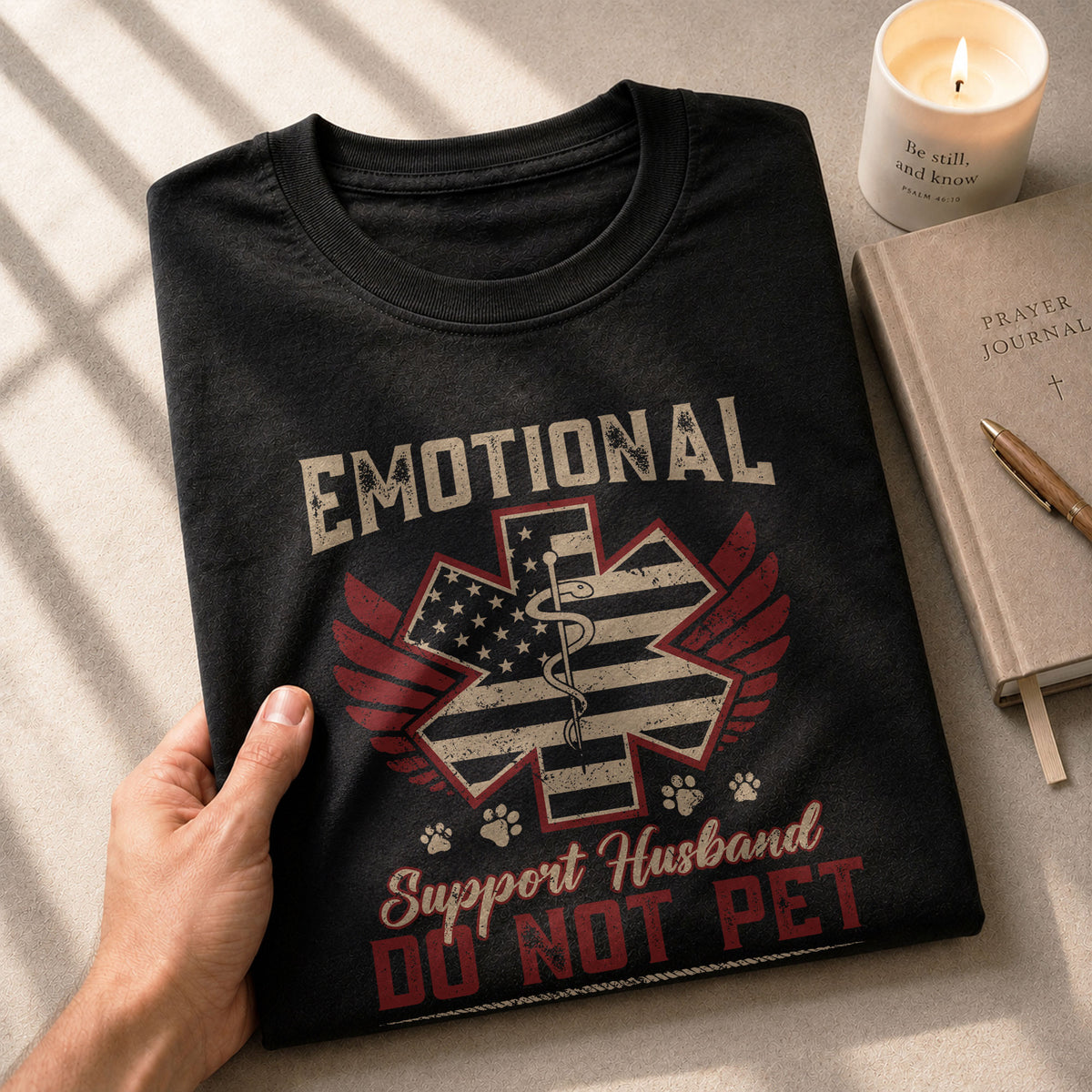 Amusing Emotional Support Husband Do Not Pet Winged Star Graphic Tee Shirt Cotton Top