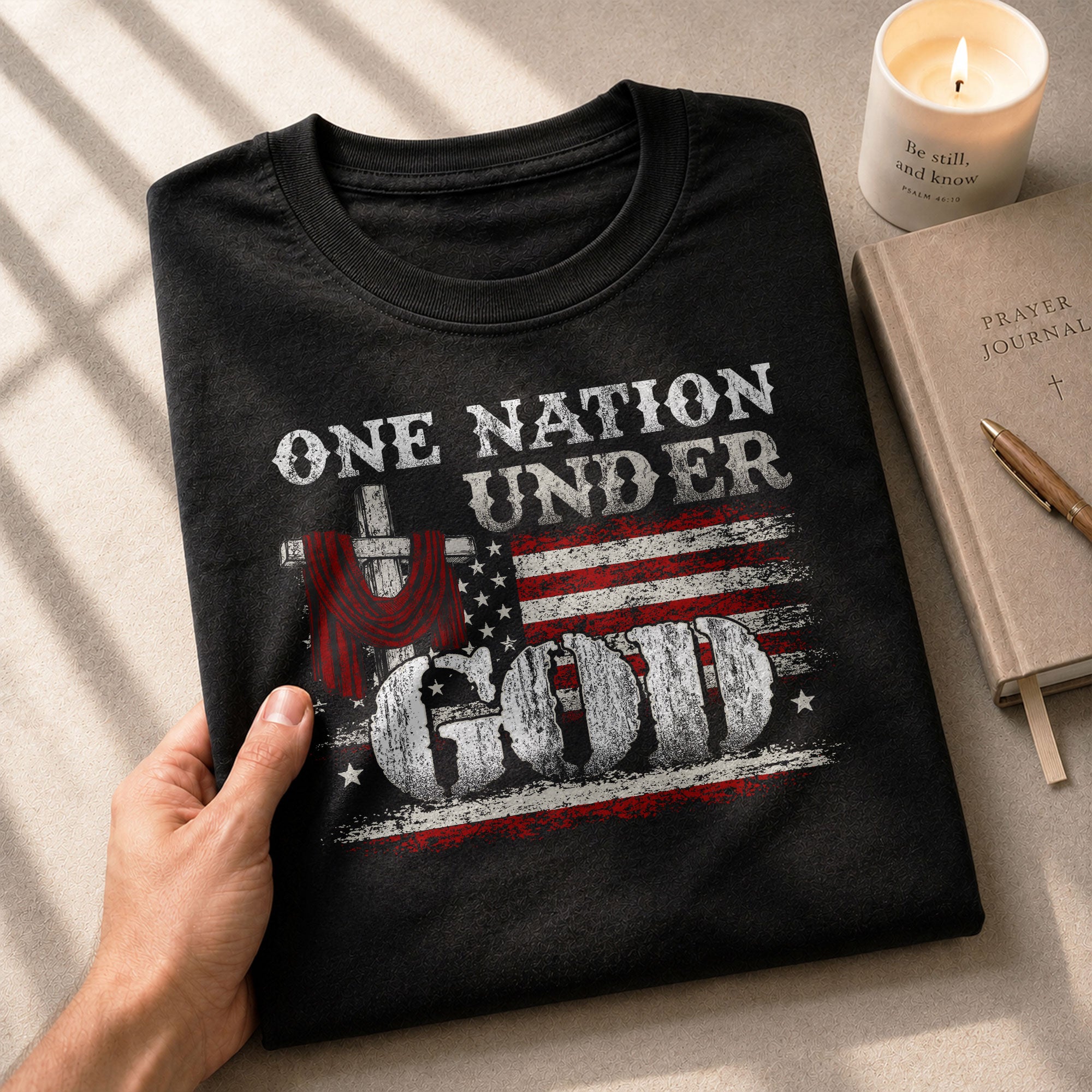 One Nation Under God Cross and American Flag, Christian Shirts for Men - Christian Tee Shirts - Rust Field Wear