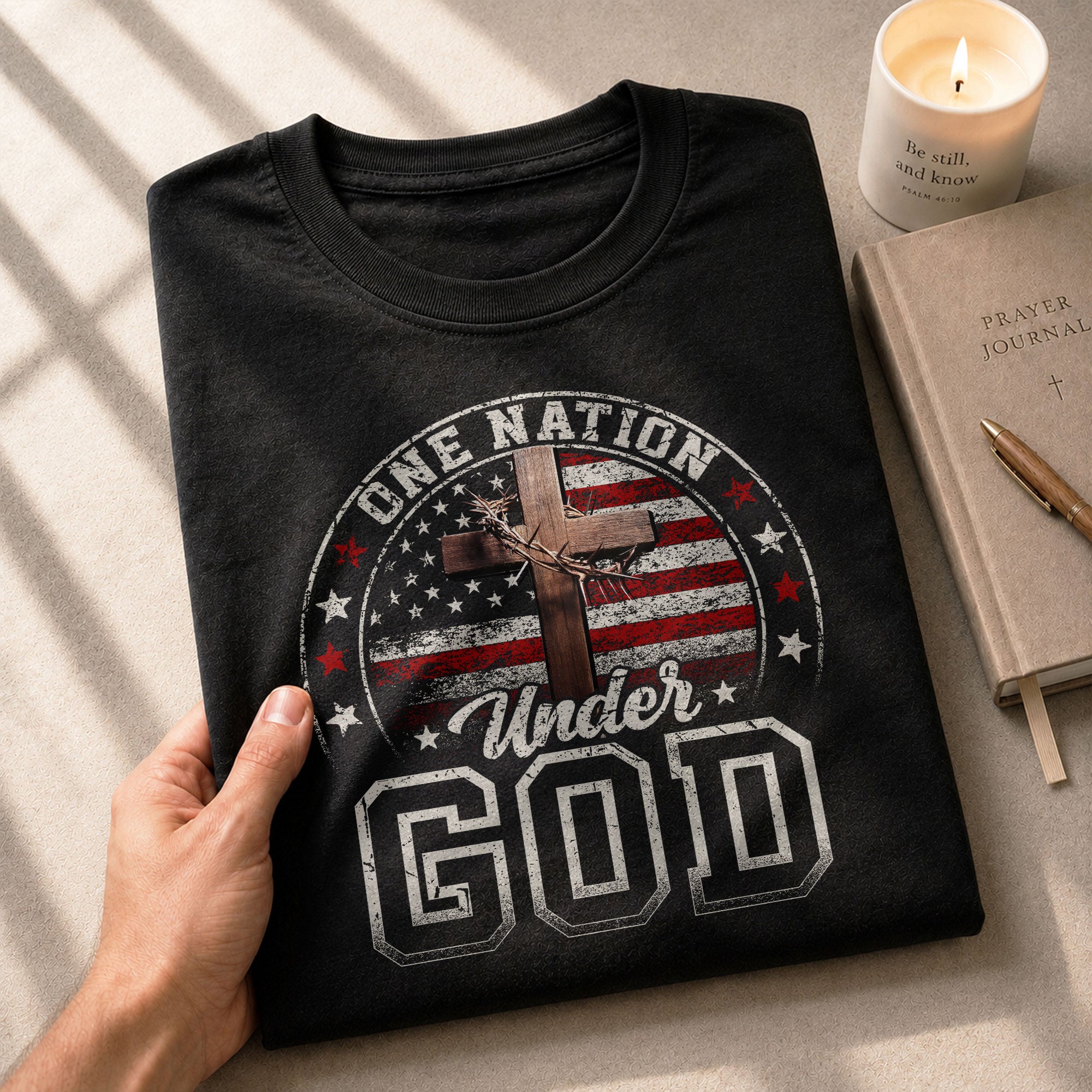 One Nation Under God Christian American Flag Cross, Christian Tee Shirts - Faith Shirts for Men - Rust Field Wear