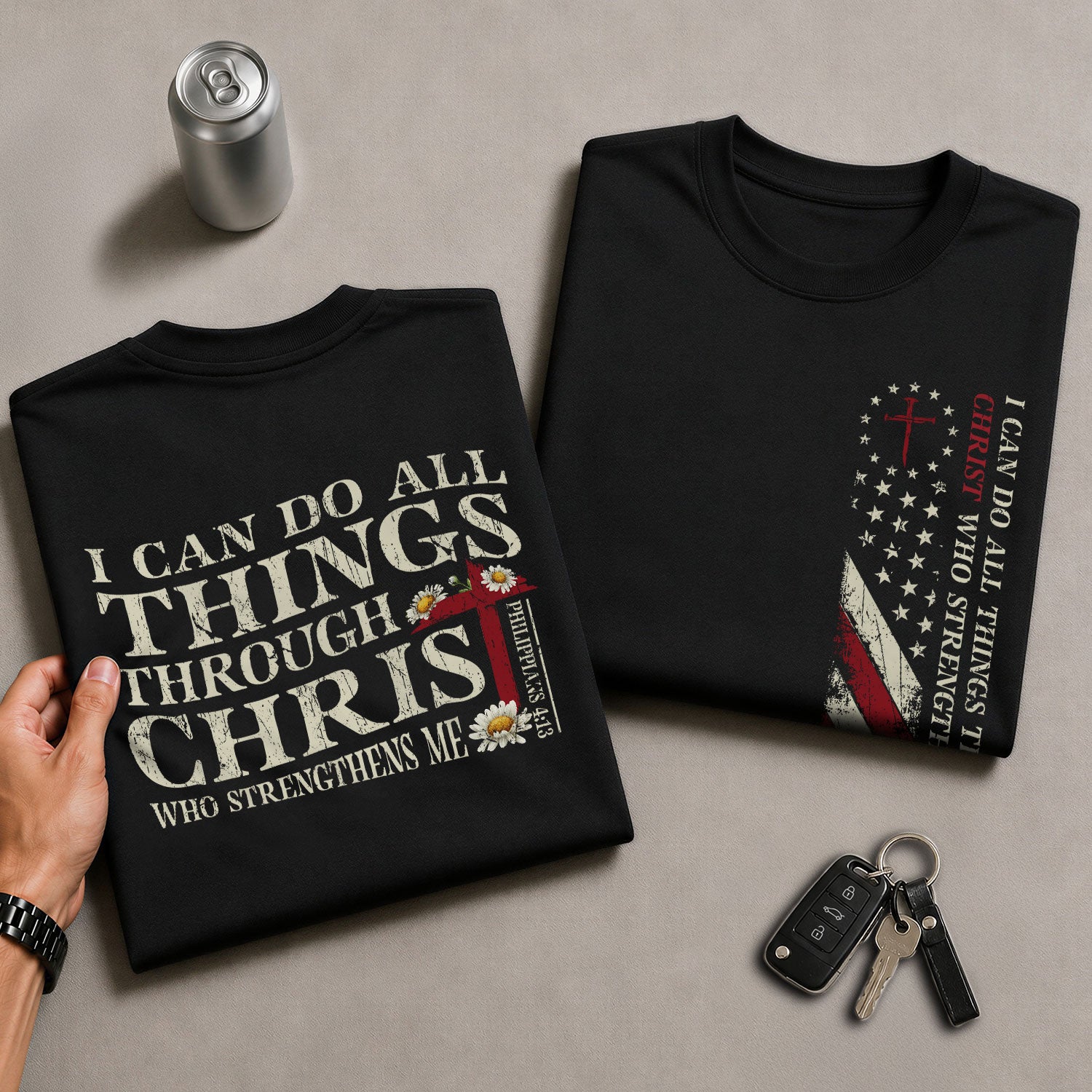 Faith Based Christian Tee Shirts, Philippians 4:13 I Can Do All Things Through Christ American Flag - Christian Shirts for Men - Rust Field Wear