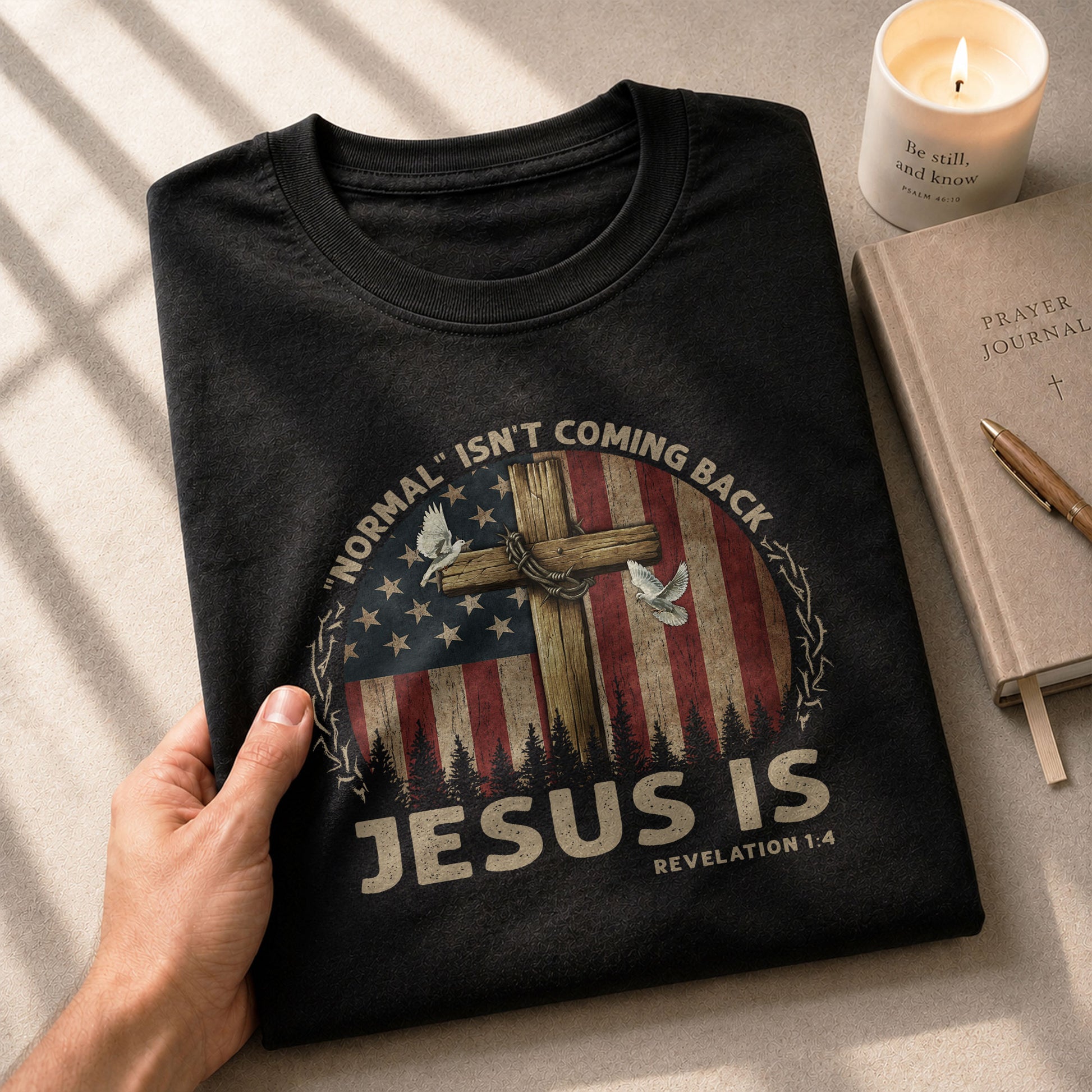 Jesus Is Coming “Normal Isn’t Coming Back” Revelation 1:4 USA Flag Cross, Christian Shirts for Men - Christian Tee Shirts - Rust Field Wear