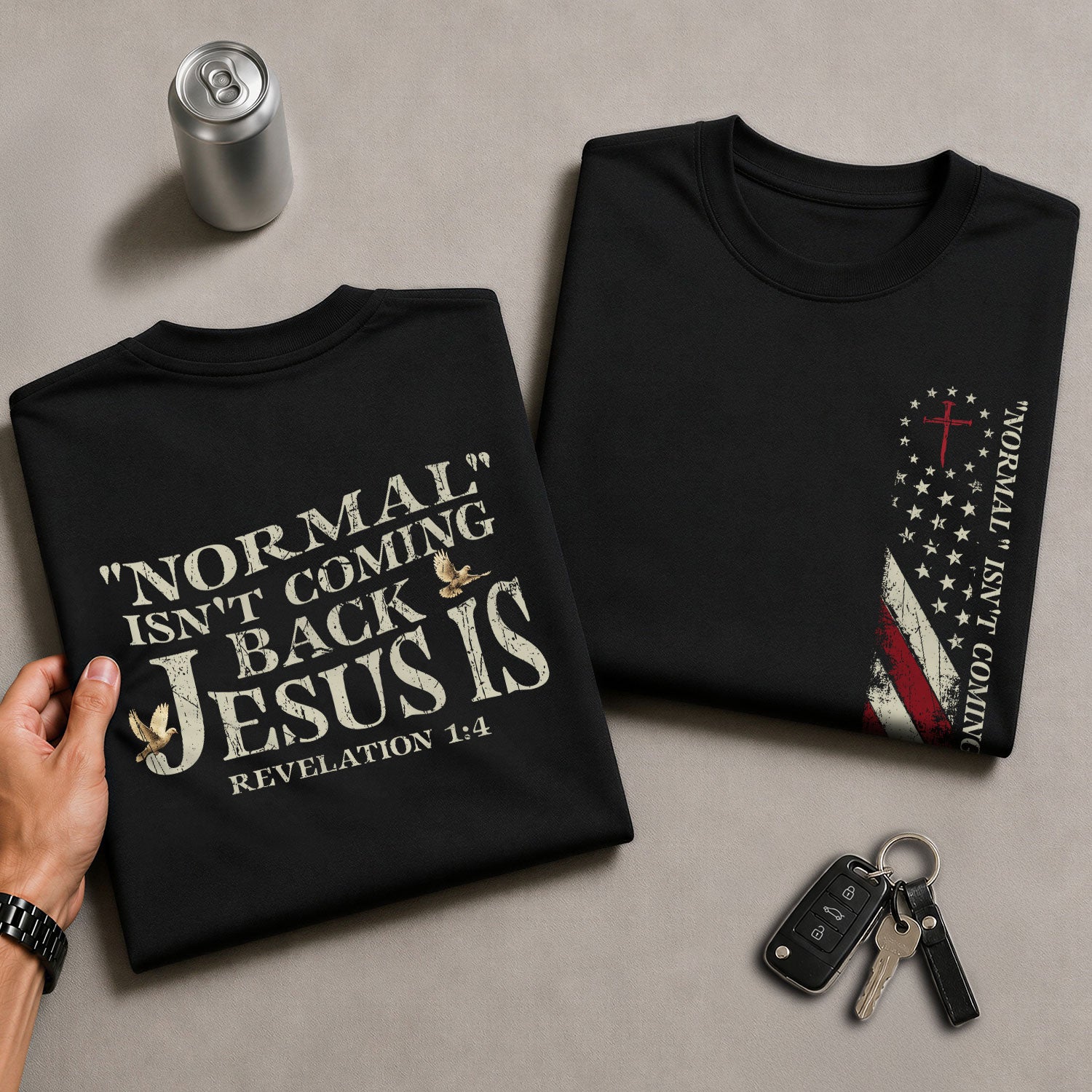 Christian Tee Shirts, Jesus Is Coming Back “Normal Isn’t Coming Back” Revelation 1:4 2 Sided - Christian Shirts for Men - Rust Field Wear