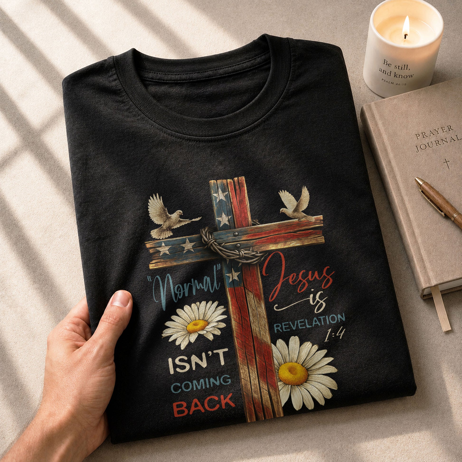 Normal Isn’t Coming Back Jesus Is , Revelation 1:4 Floral USA Flag Cross - Christian Tee Shirts, Christian Shirts for Men - Rust Field Wear