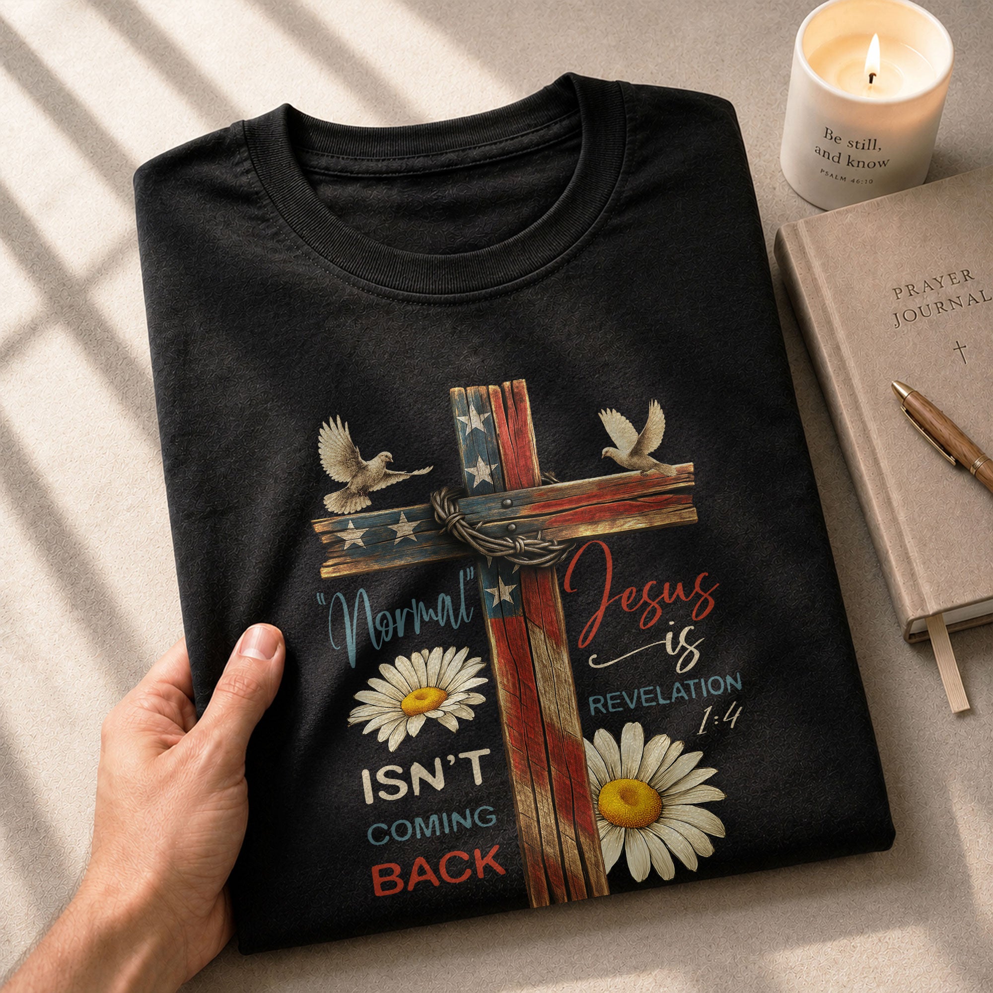 Normal Isn’t Coming Back Jesus Is , Revelation 1:4 Floral USA Flag Cross - Christian Tee Shirts, Christian Shirts for Men - Rust Field Wear