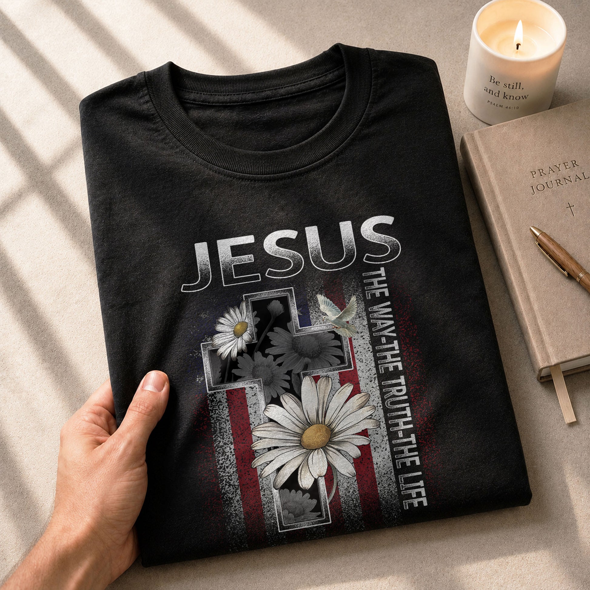 Christian Shirts for Men, Jesus The Way The Truth The Life Floral Cross USA Flag Christian - Christian Tee Shirts - Rust Field Wear