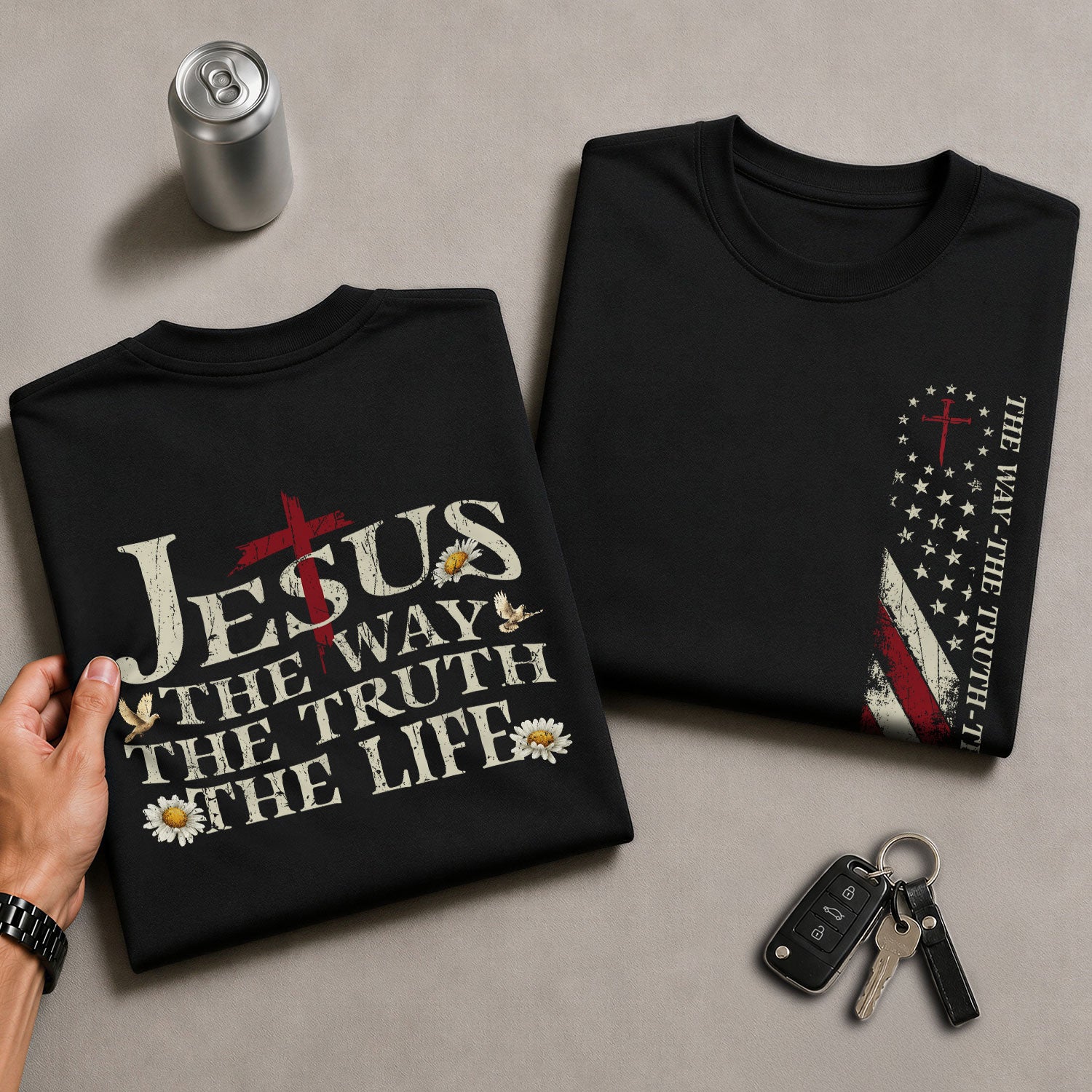 Faith Based Christian Tee Shirts, Jesus The Way The Truth The Life USA Flag Cross 2 Sided Christian - Christian Shirts for Men - Rust Field Wear