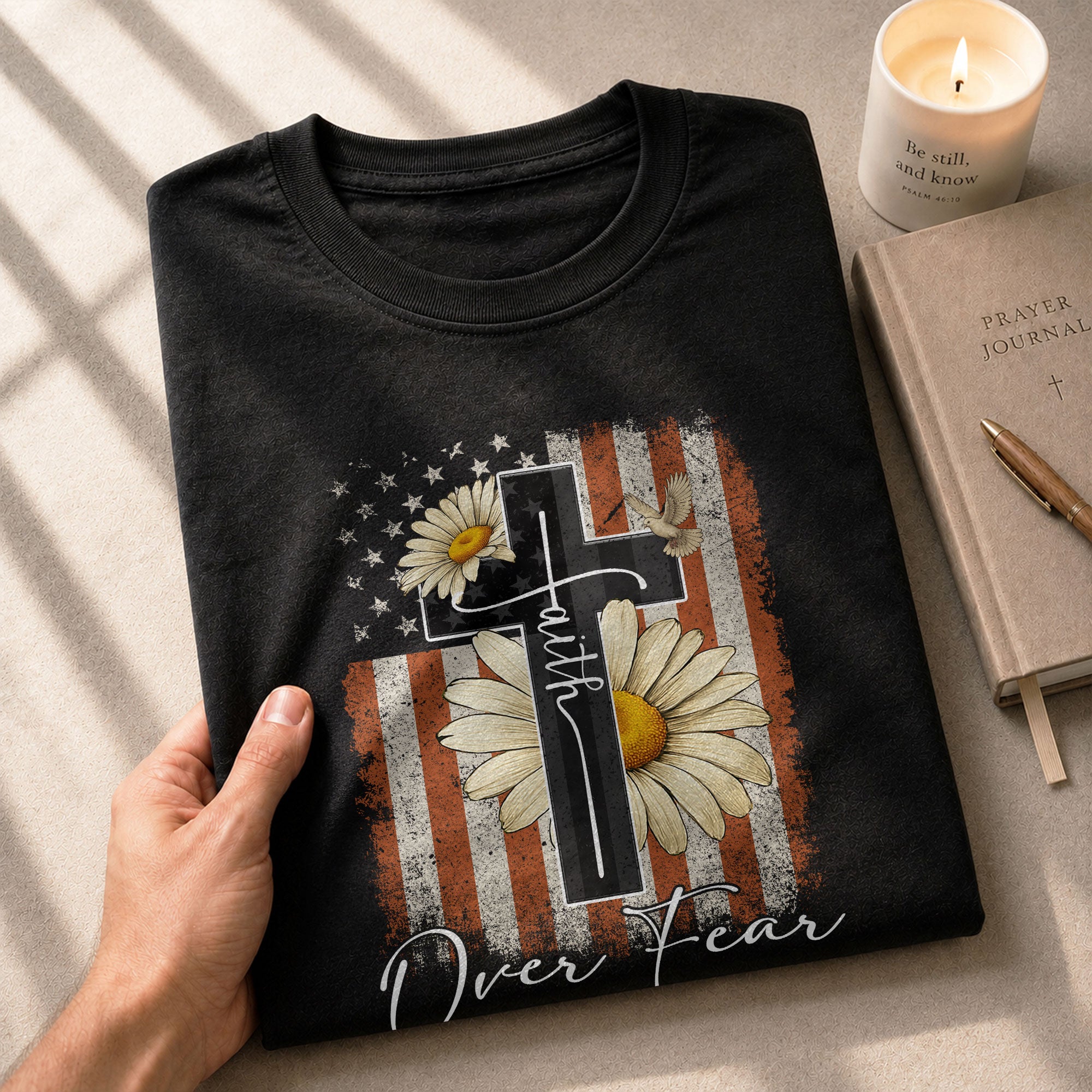 Christian Shirts for Men - Faith Over Fear Daisy Cross USA Flag Christian, Christian Tee Shirts - Rust Field Wear