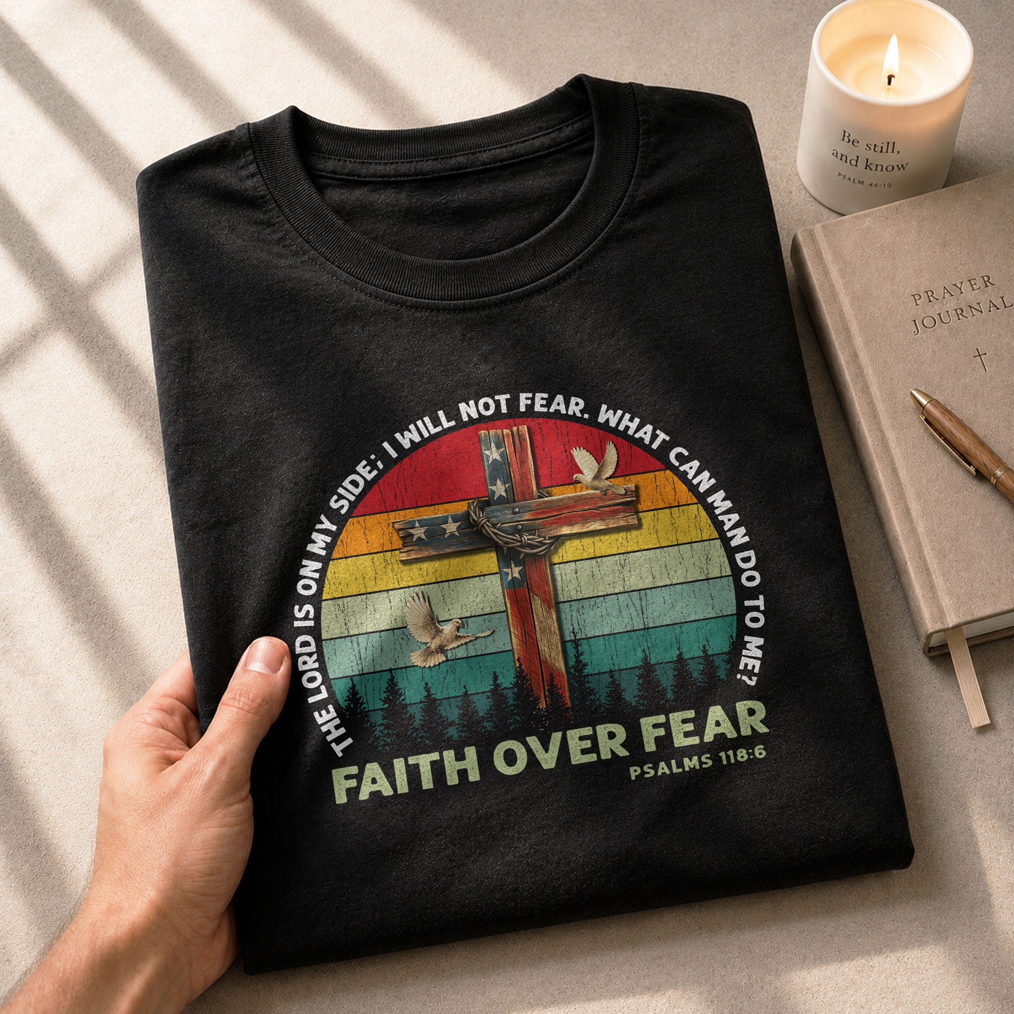 Faith Over Fear Psalm 118:6 Cross and Flag Christian Vintage, Christian Shirts for Men - Christian Tee Shirts - Rust Field Wear