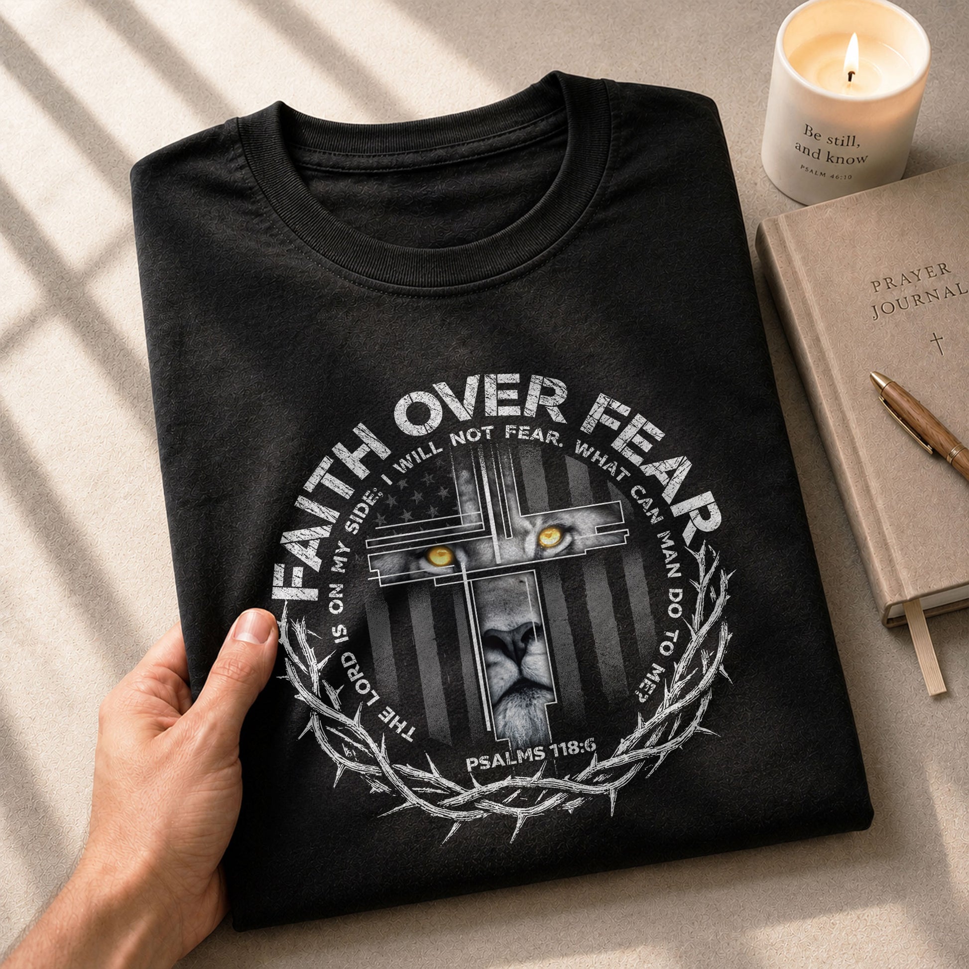 Christian Tee Shirts, Faith Over Fear Lion Psalm 118:6 Christian Warrior - Christian Shirts for Men - Rust Field Wear
