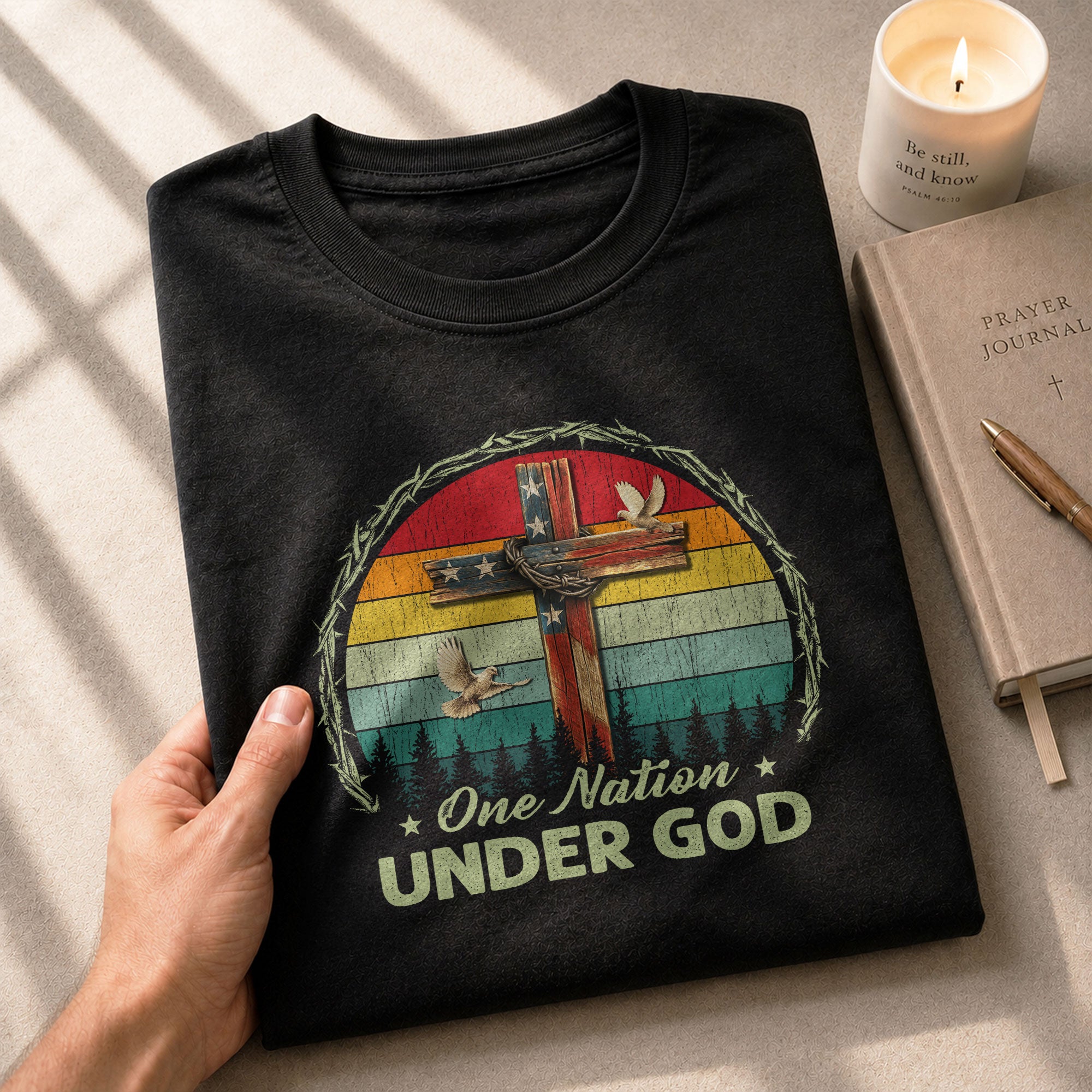 Christian Shirts for Men, One Nation Under God Retro Sunset Cross - Christian Tee Shirts - Rust Field Wear