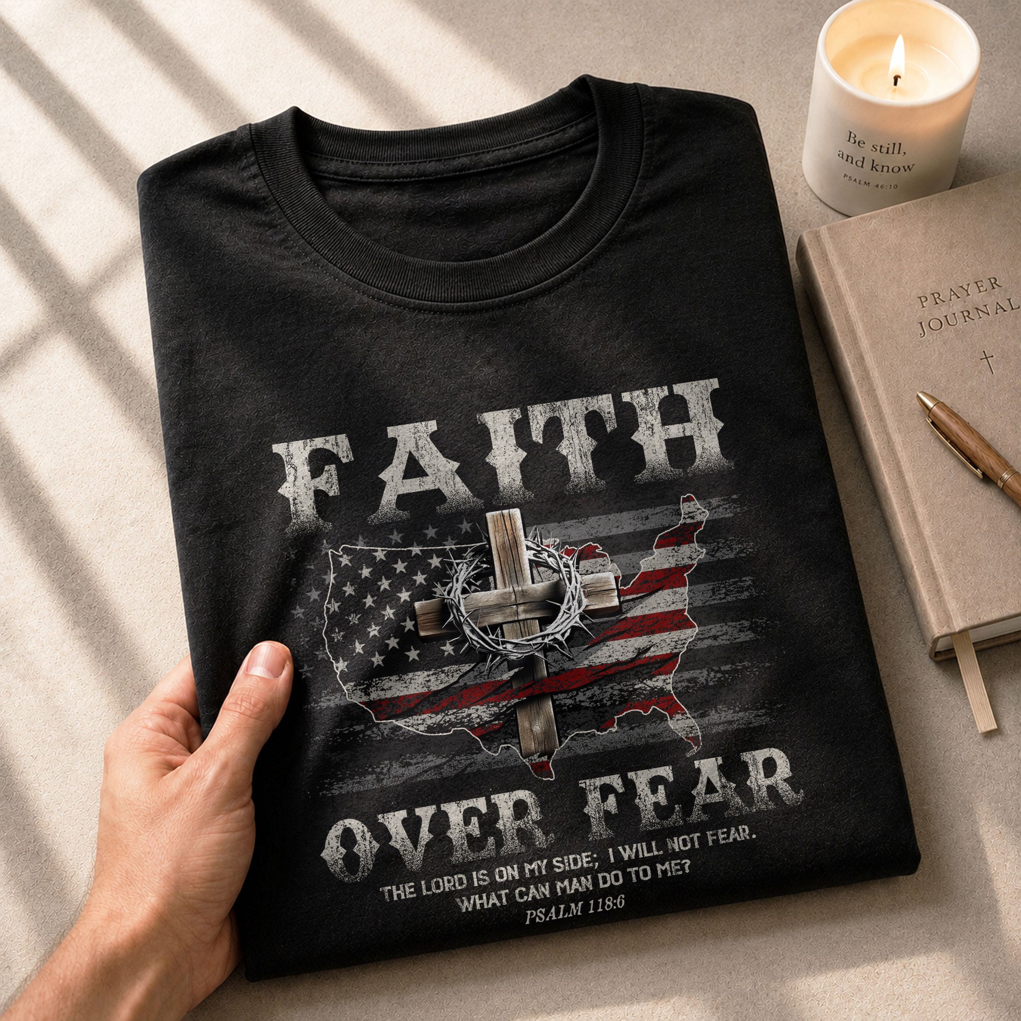 Faith Over Fear Psalm 118:6 Christian USA Cross - Christian Shirts for Men, Faith Based Christian Tee Shirts - Rust Field Wear