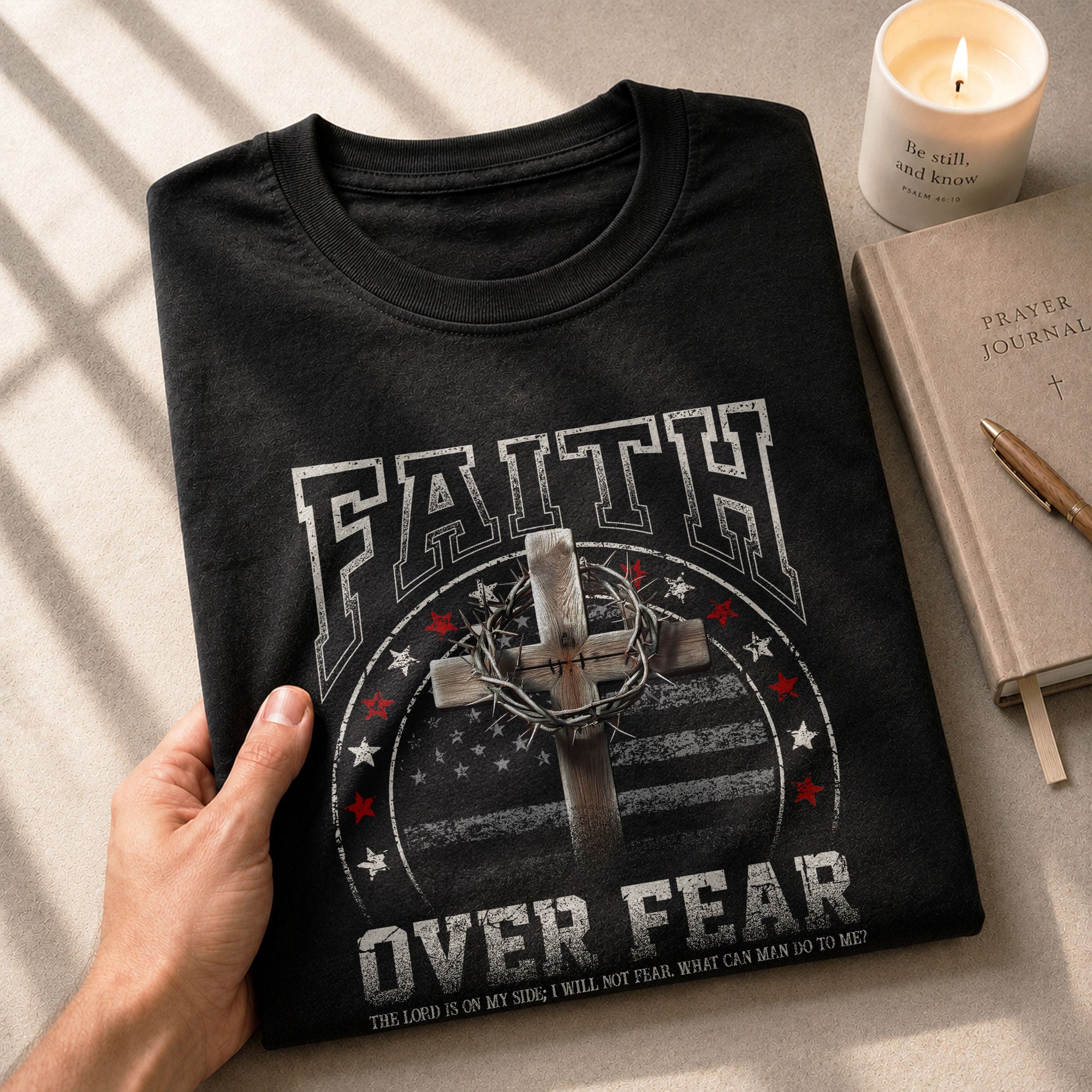 Faith Based Christian Tee Shirts, Faith Over Fear Cross American Flag - Christian Shirts for Men - Rust Field Wear