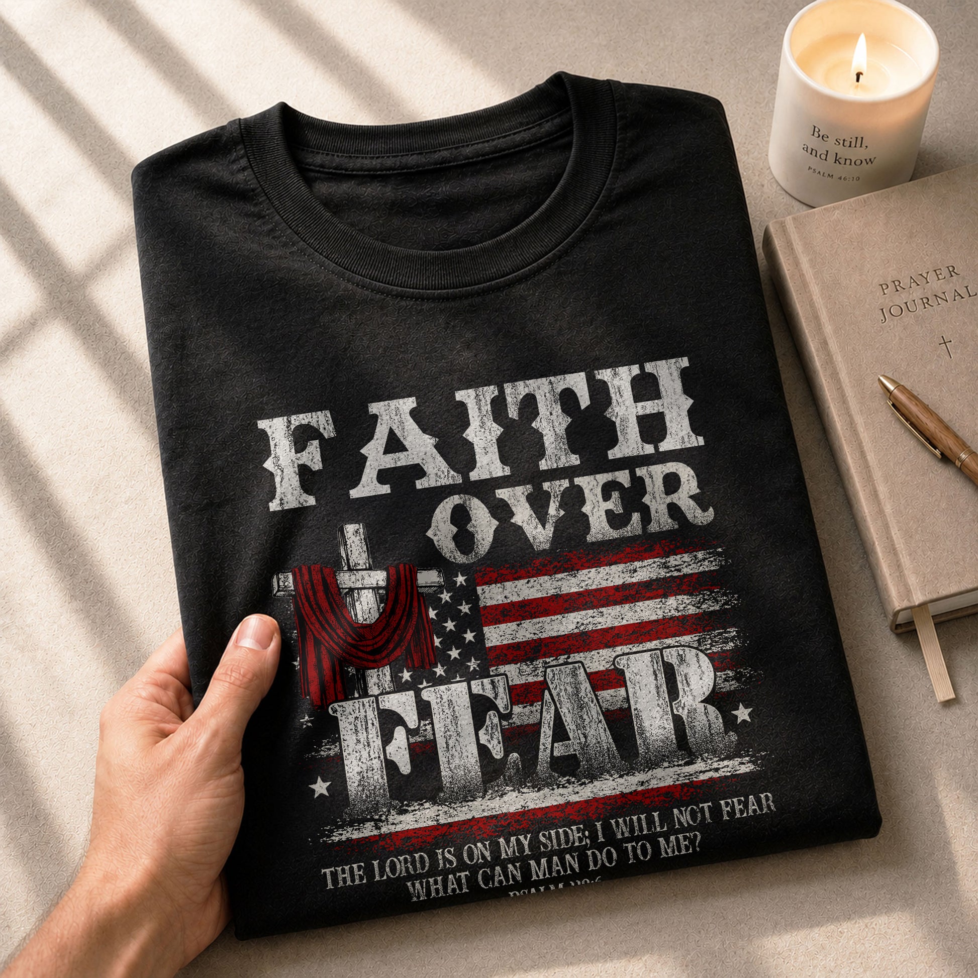 Faith Over Fear Psalm 118:6 Cross and American Flag - Christian Shirts for Men, Faith Based Christian Tee Shirts - Rust Field Wear