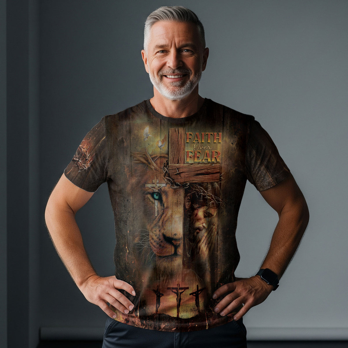 Faith Over Fear Lion and Cross Stand bold your - RustField Co Freedom Shirts, Christian Tee Shirts for Men - Rust Field Wear