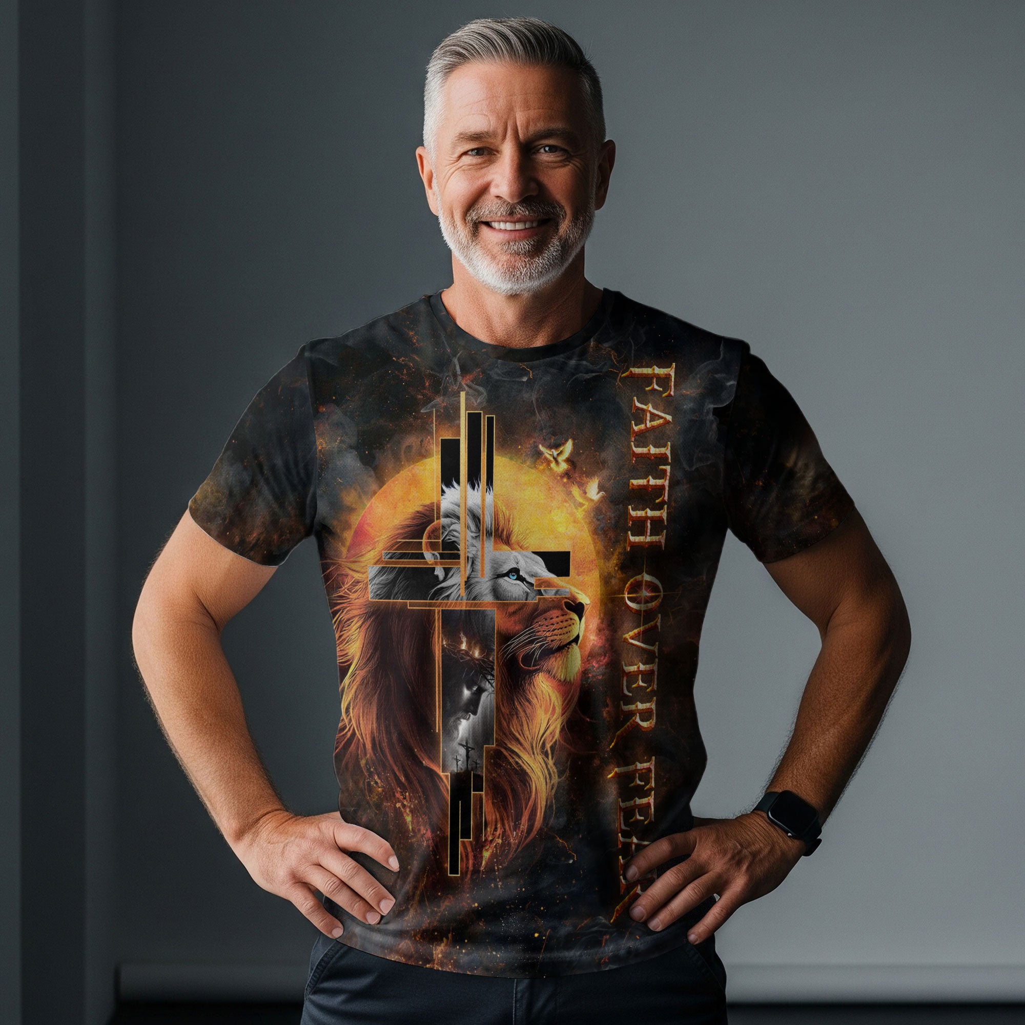 RustField Co Freedom Shirts - Faith Over Fear Cross Lion and Jesus, Christian Tee Shirts for Men - Rust Field Wear