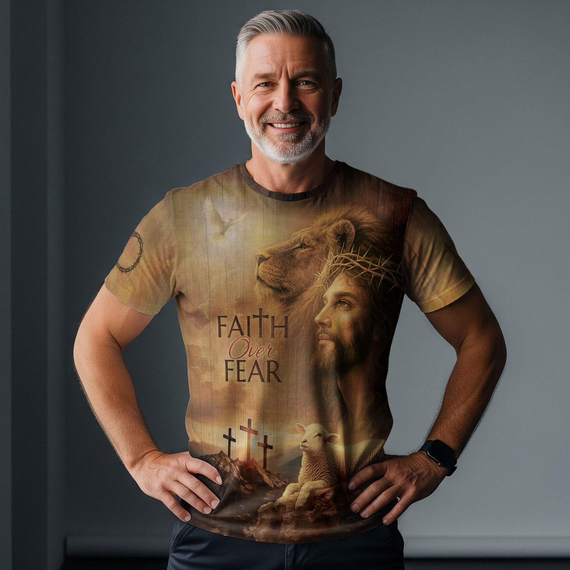 Christian Tee Shirts for Men - Faith Over Fear Lion Jesus and Lamb, RustField Co Freedom Shirts - Rust Field Wear