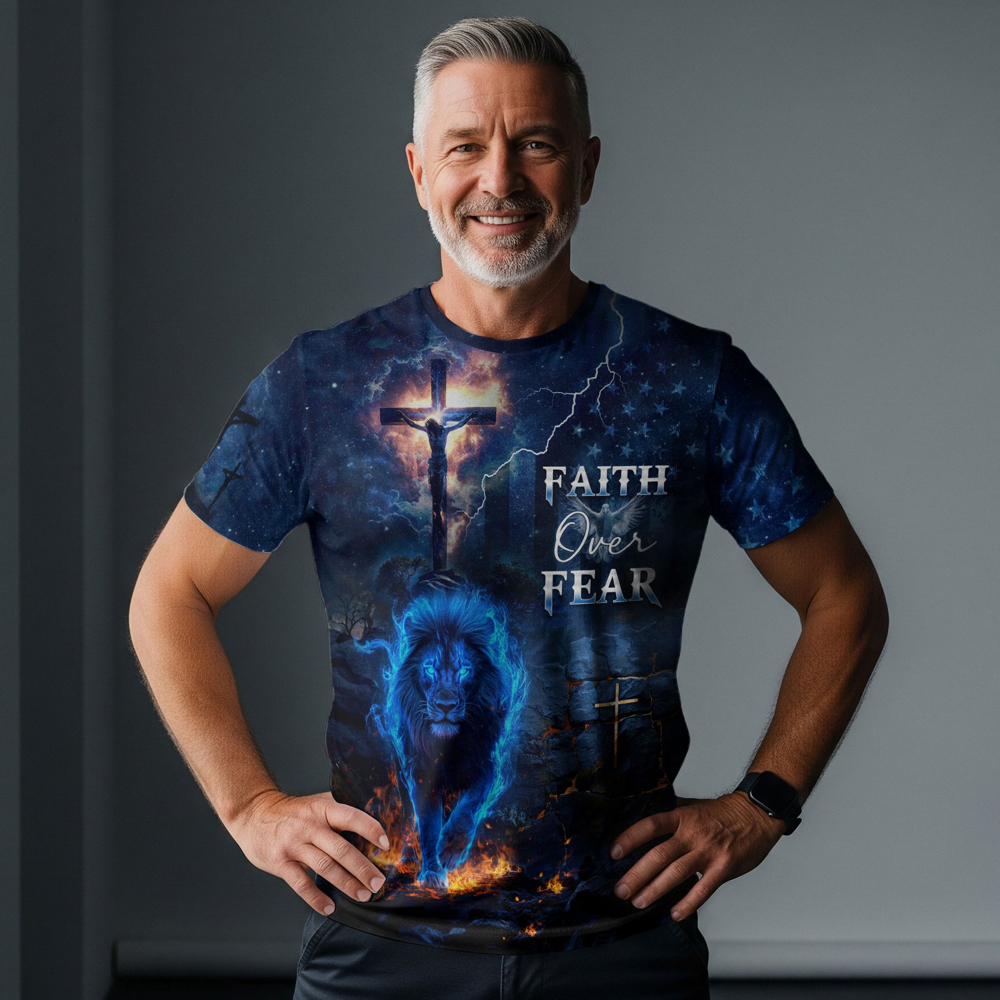 Faith Over Fear Fire Lion And Crucifixion - Christian Tee Shirts for Men, Freedom Shirts, RustField Co - Rust Field Wear