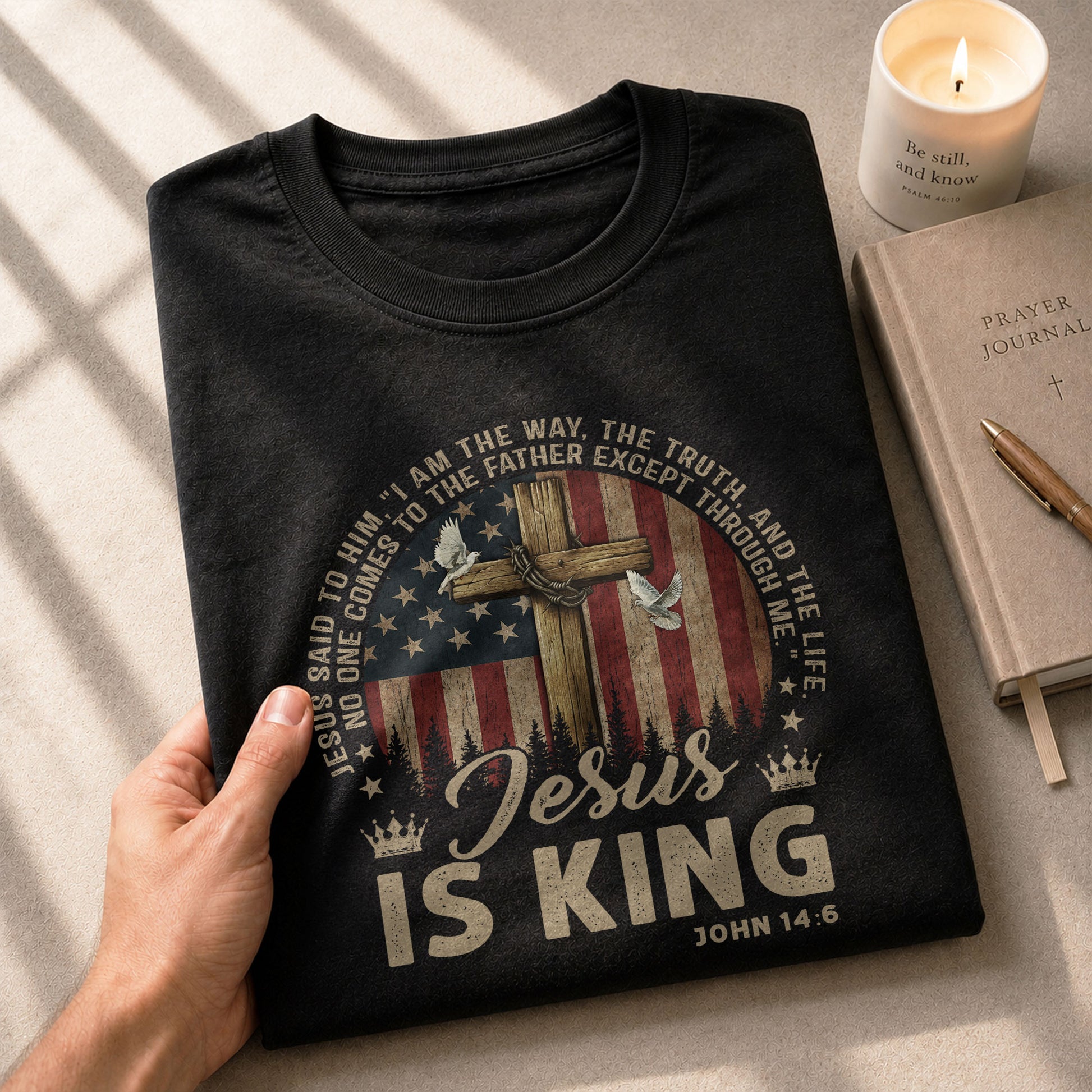 Christian Tee Shirts, Jesus Is King , Cross, American Flag and Christian Faith - Christian Shirts for Men - Rust Field Wear