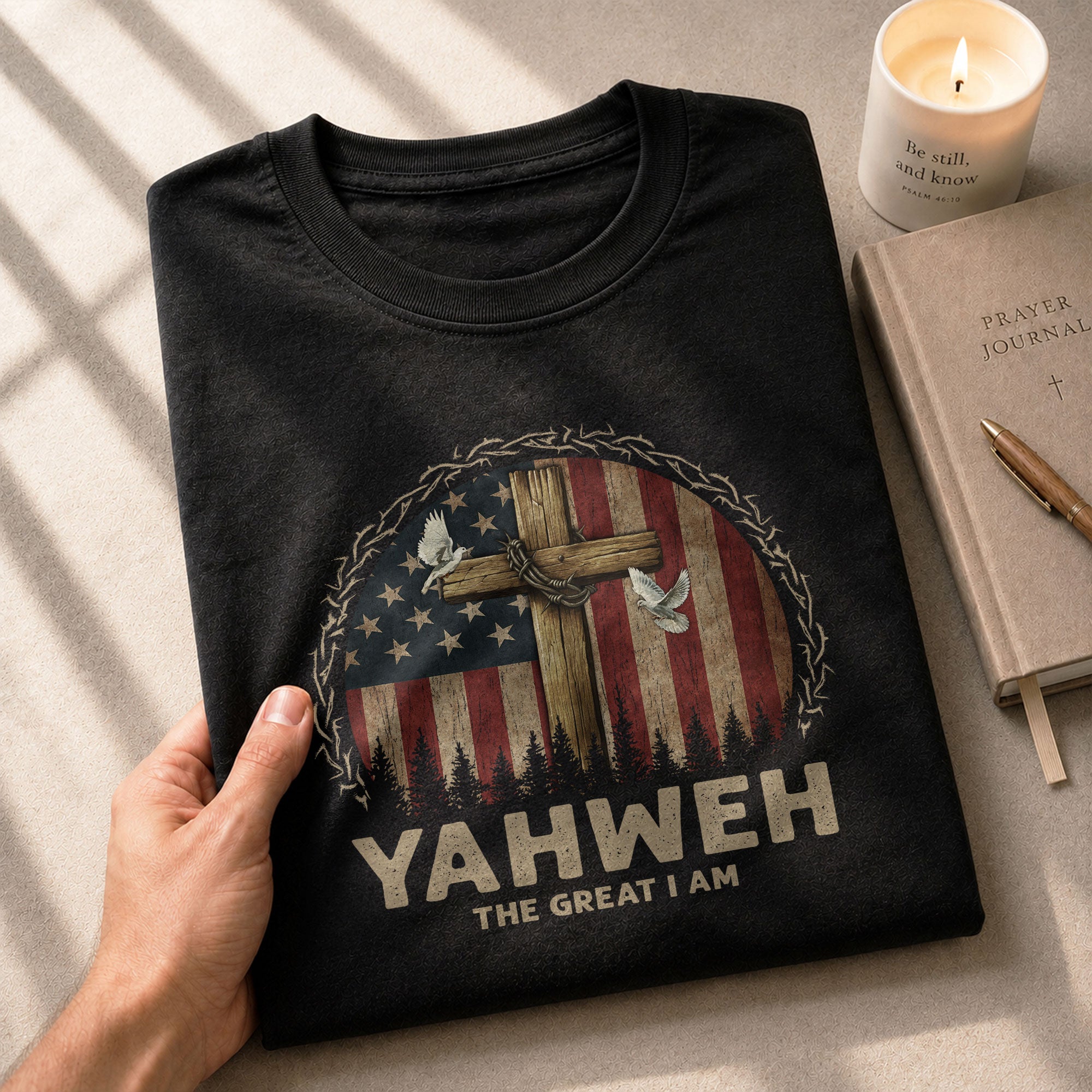 Yahweh The Great I Am Faith, Flag and Cross - Christian Tee Shirts, Christian Shirts for Men - Rust Field Wear