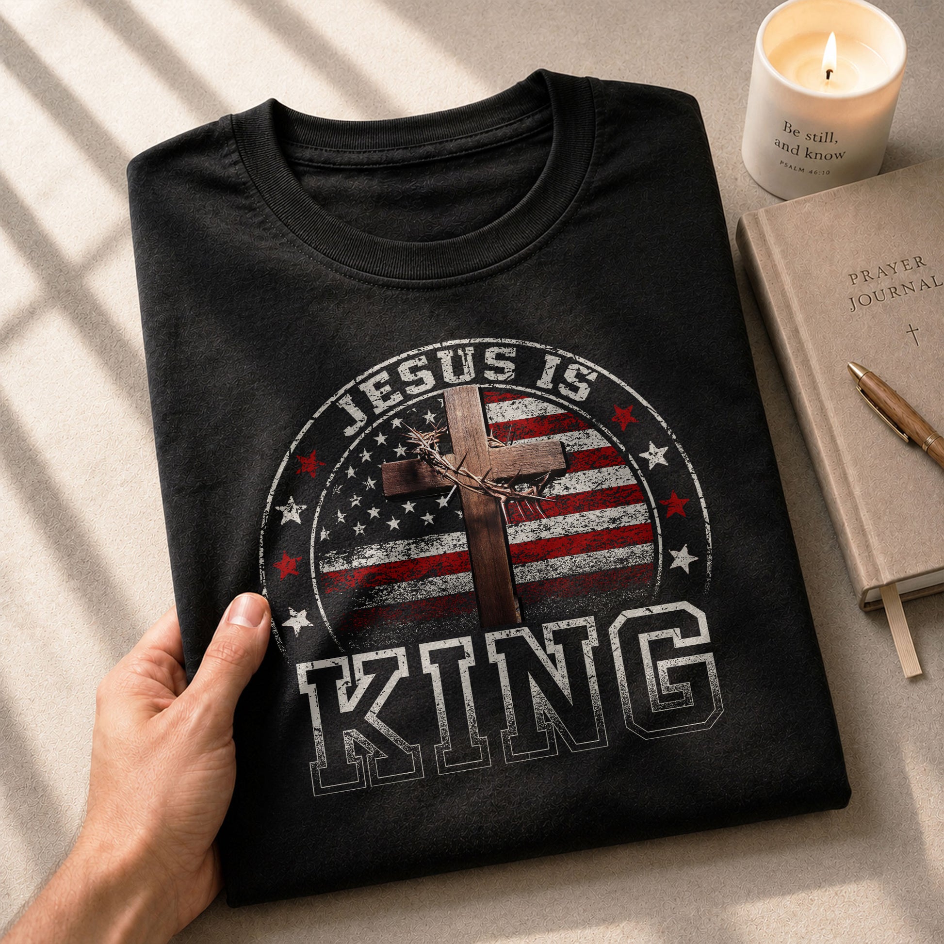 Christian Tee Shirts, Jesus Is King Bold Christian USA Cross - Christian Shirts for Men - Rust Field Wear