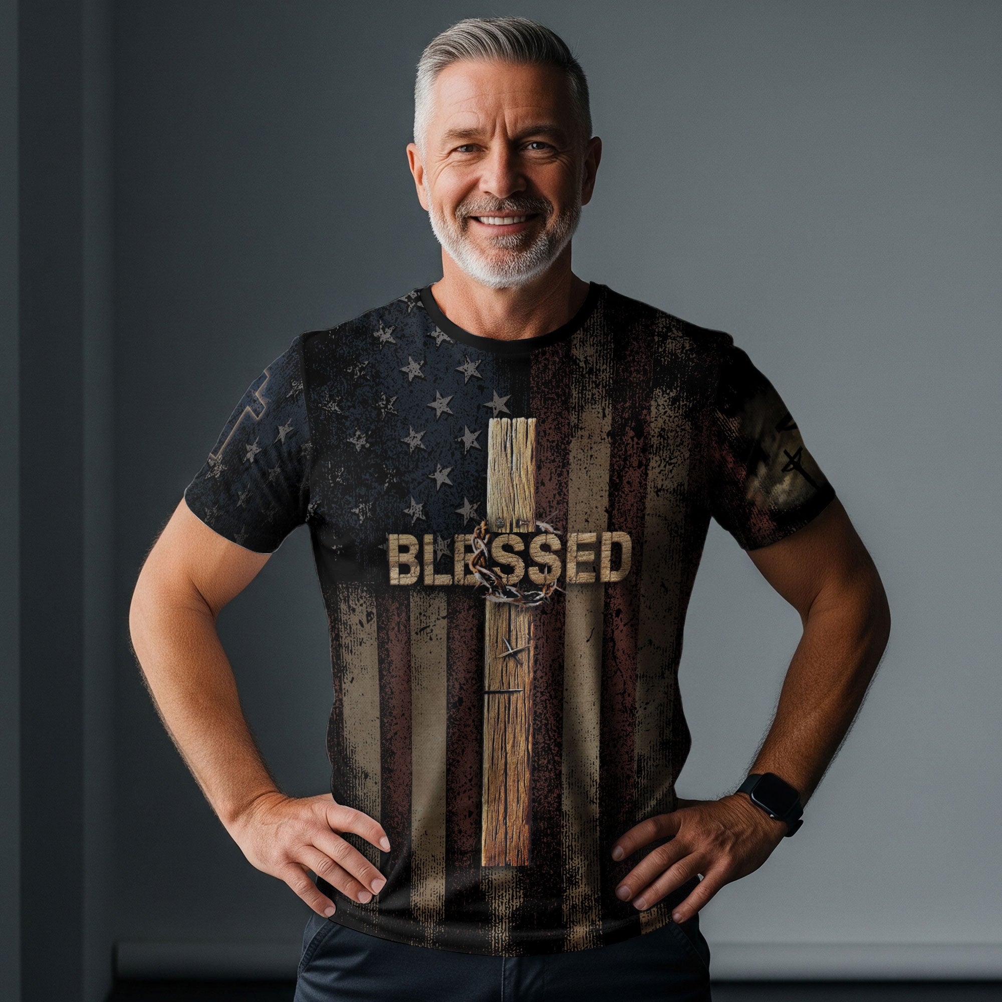Christian Tee Shirts, BLESSED Cross and Crown of Thorns Patriotic - Freedom Shirts for Men, RustField Co - Rust Field Wear