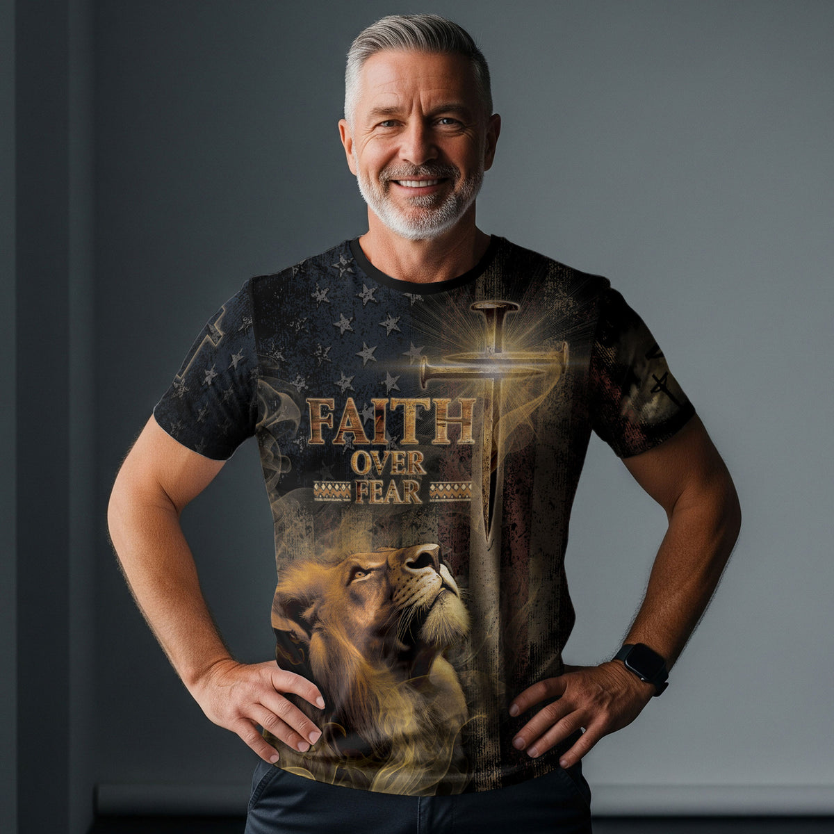 Faith Over Fear Lion of Judah and Patriot Cross - RustField Co Freedom Shirts, Christian Tee Shirts for Men - Rust Field Wear