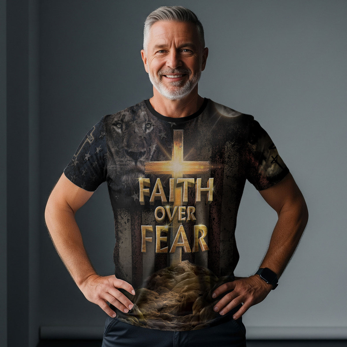 RustField Co Freedom Shirts - Faith Over Fear Cross of Light and Warrior Lion, Christian Tee Shirts for Men - Rust Field Wear