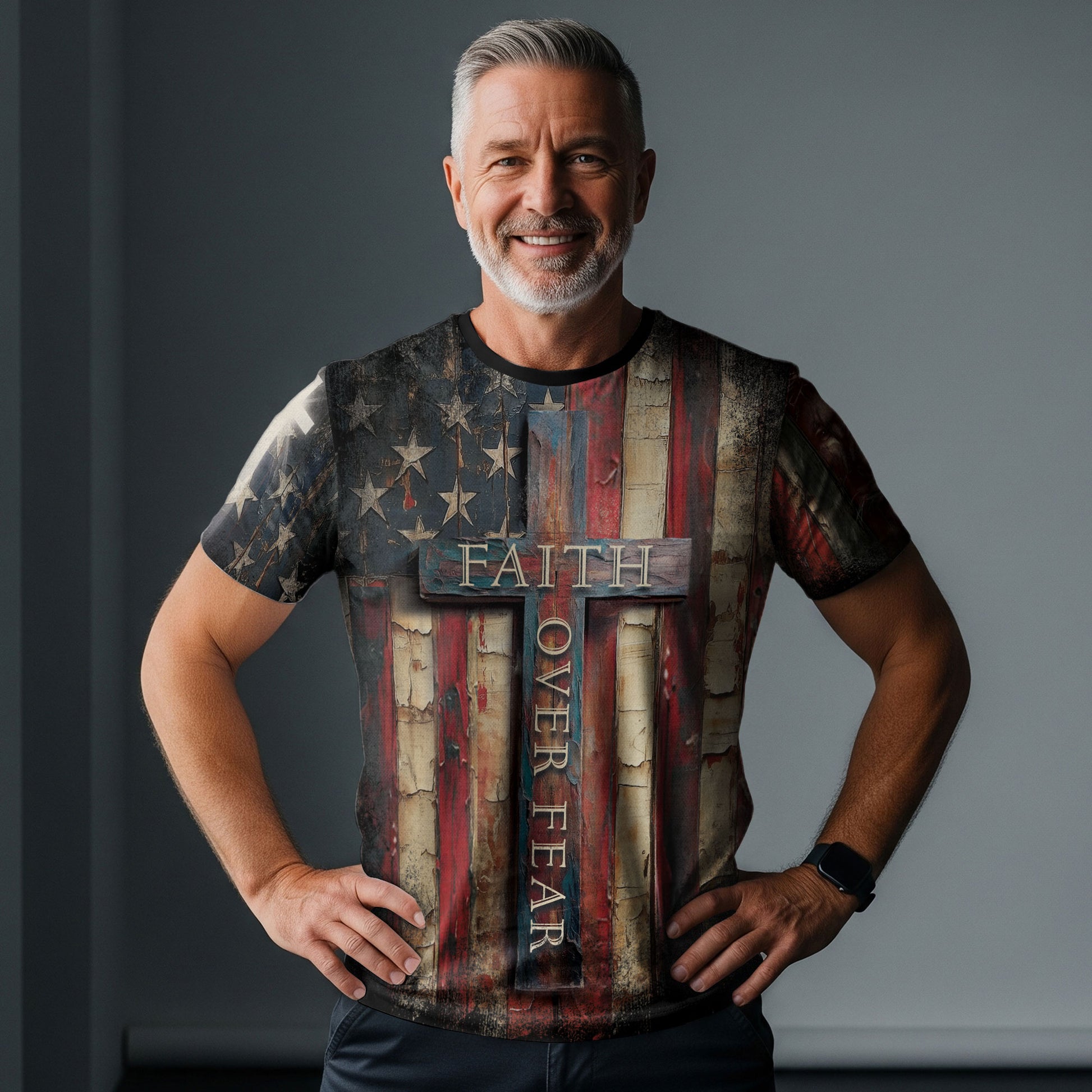 Christian Tee Shirts for Men - Faith Over Fear Cross Rustic American Flag, RustField Co Freedom Shirts - Rust Field Wear