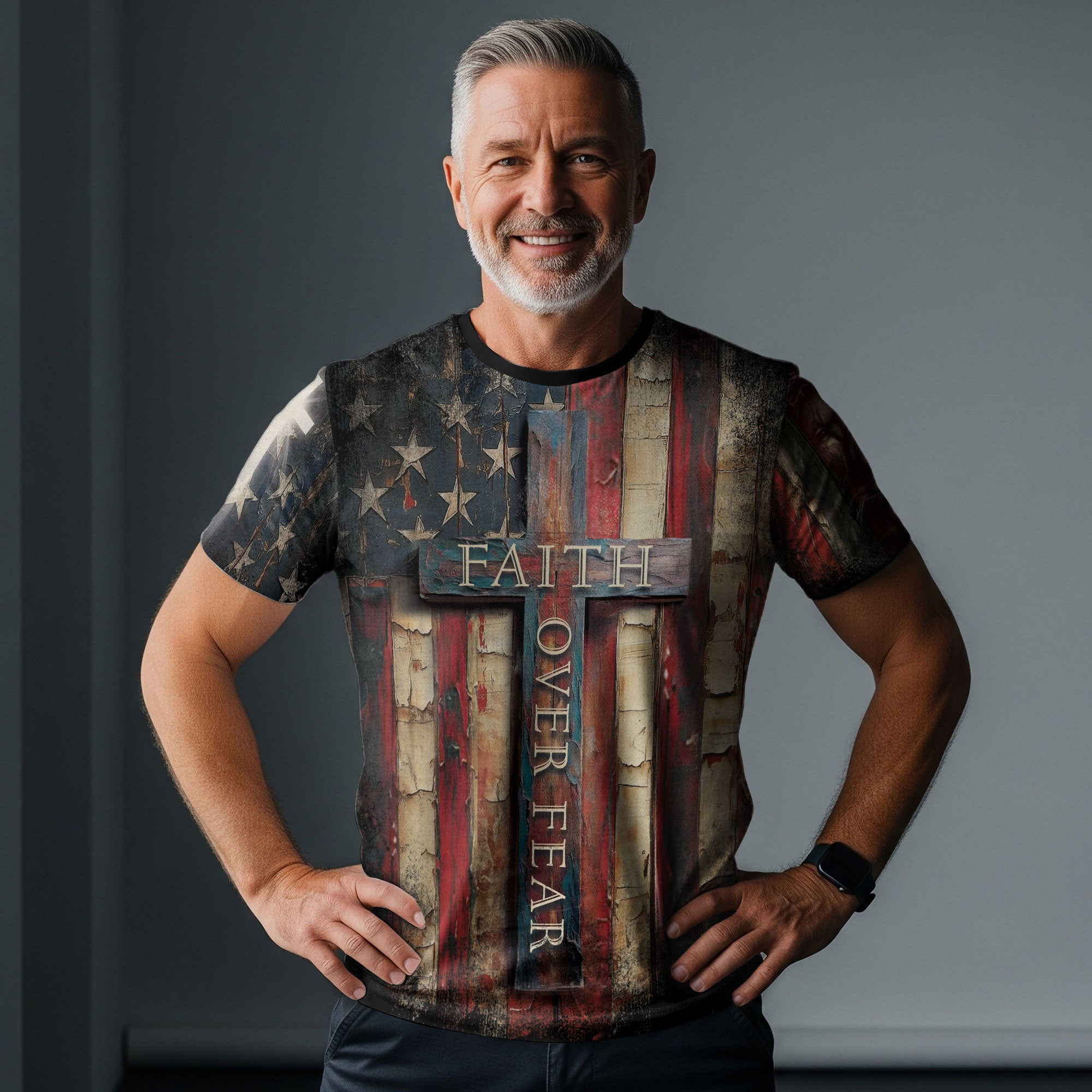 Christian Tee Shirts for Men - Faith Over Fear Cross Rustic American Flag, RustField Co Freedom Shirts - Rust Field Wear
