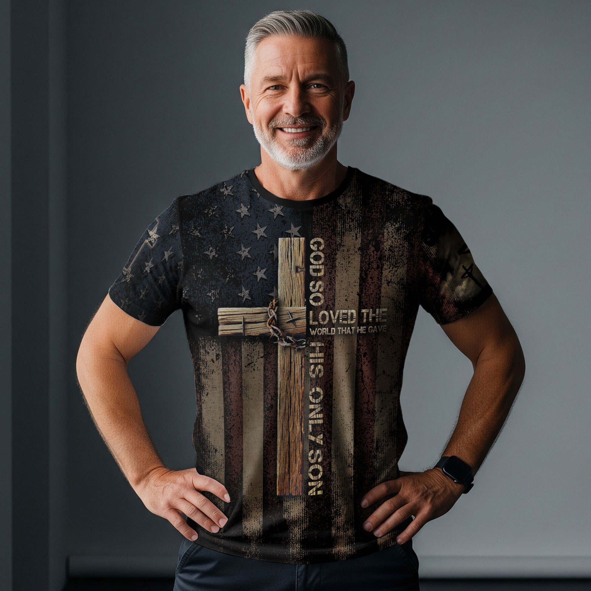 God So Loved The World John 3 16 Cross and Crown Patriotic - RustField Co Freedom Shirts, Christian Tee Shirts for Men - Rust Field Wear