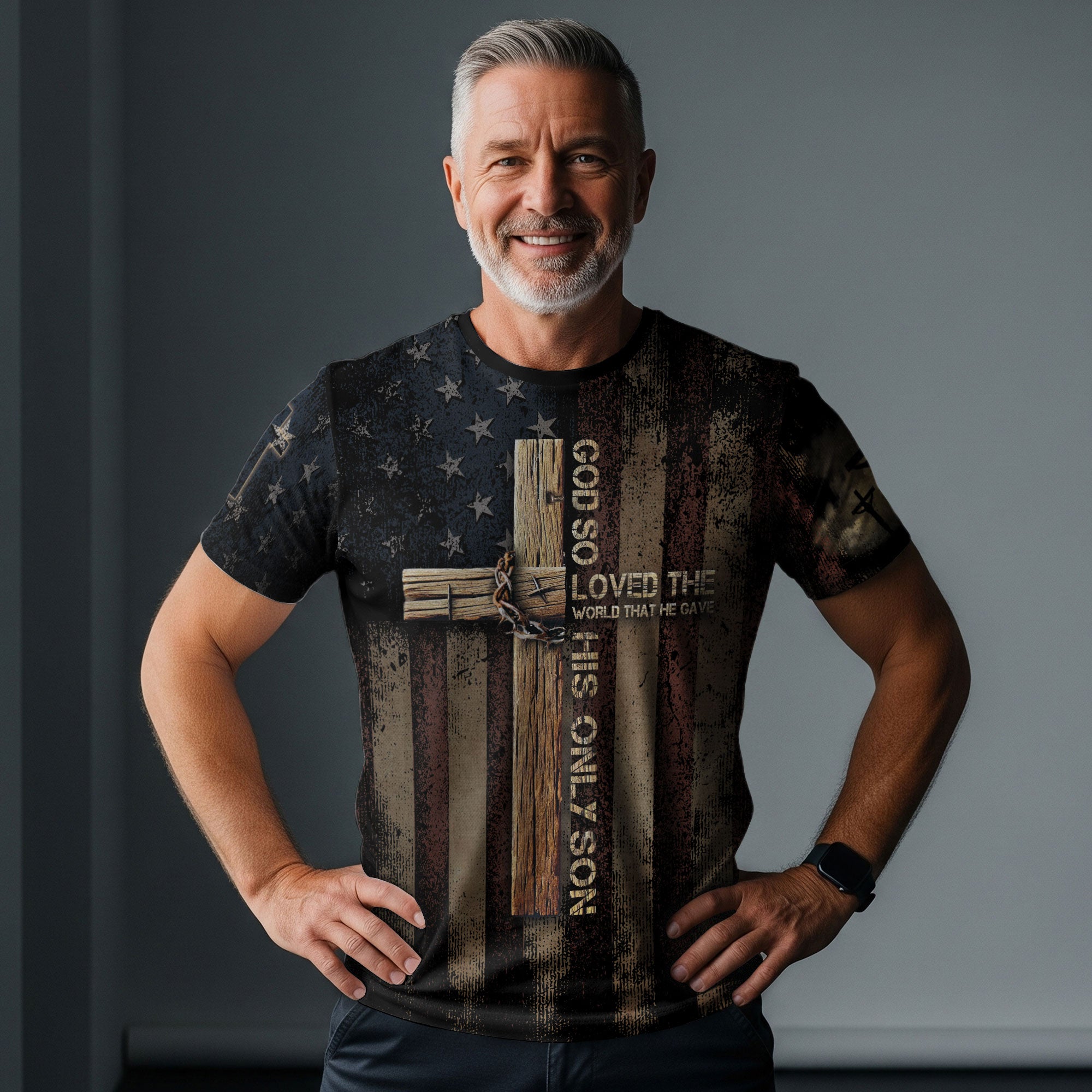 God So Loved The World John 3 16 Cross and Crown Patriotic - RustField Co Freedom Shirts, Christian Tee Shirts for Men - Rust Field Wear