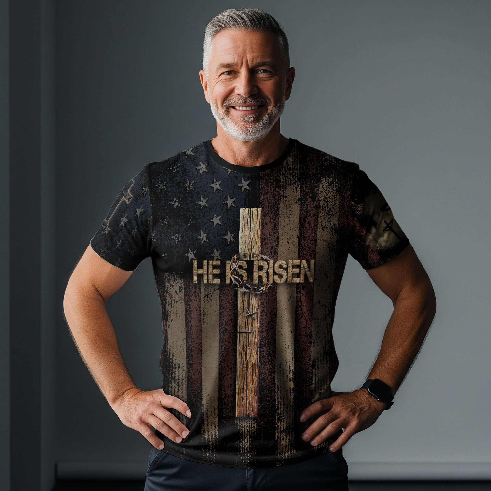 RustField Co Freedom Shirts - HE IS RISEN Cross and Resurrection Patriotic, Christian Tee Shirts for Men - Rust Field Wear