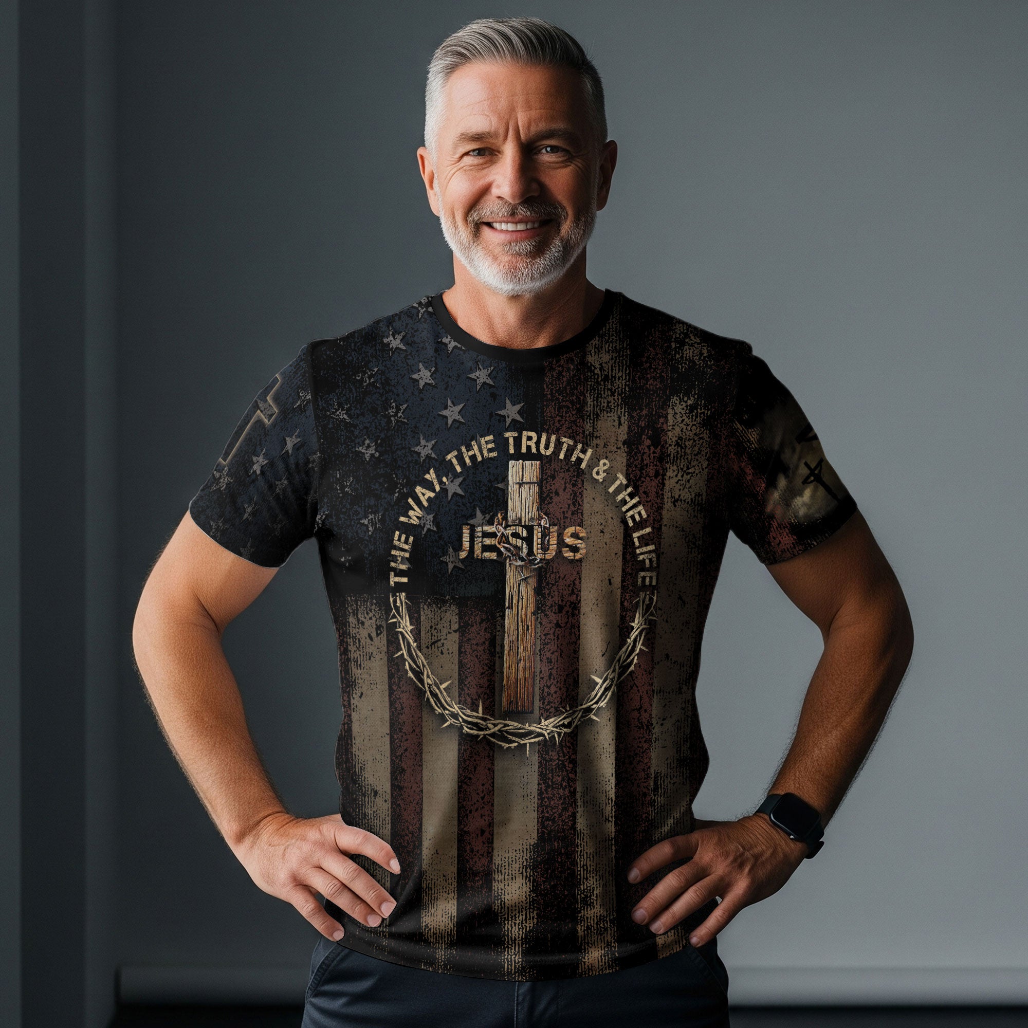 RustField Co Christian Tee Shirts - Jesus The Way The Truth and The Life Crowned Cross Patriotic, Freedom Shirts for Men - Rust Field Wear