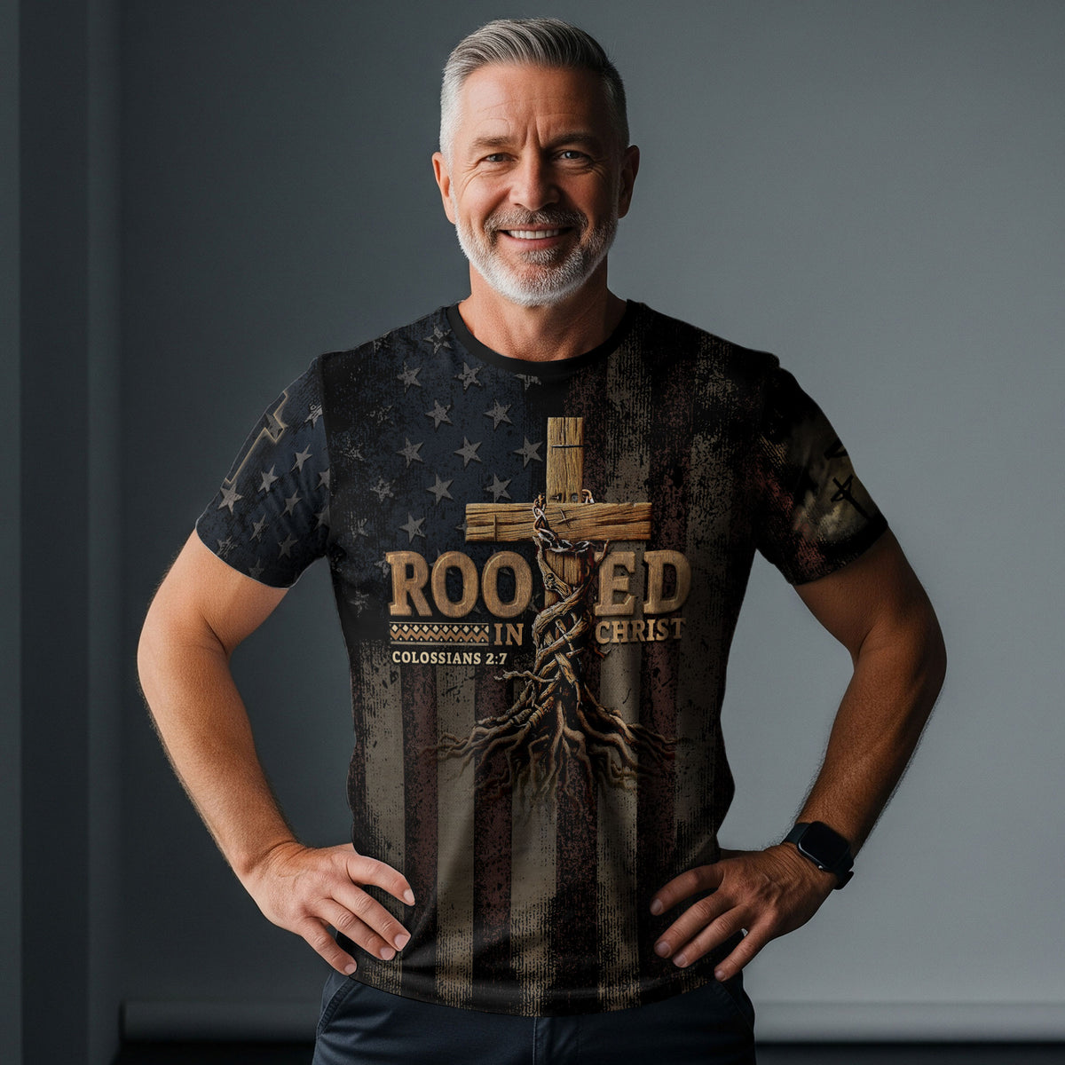RustField Co Freedom Shirts - Rooted in Christ Colossians 2 7 Cross and Vine Patriot, Christian Tee Shirts for Men - Rust Field Wear