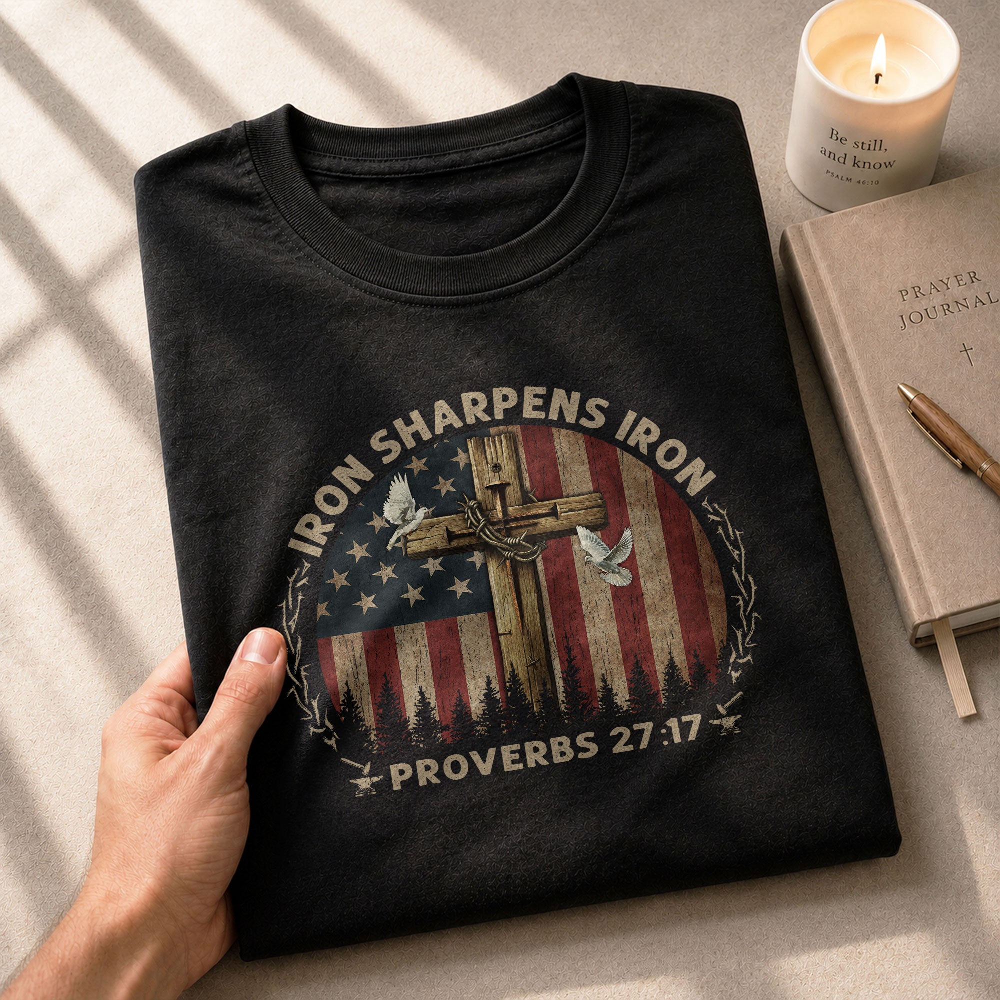 Christian Shirts for Men, Iron Sharpens Iron Proverbs 27:17 and Cross Bold Faithwear - Christian Tee Shirts - Rust Field Wear
