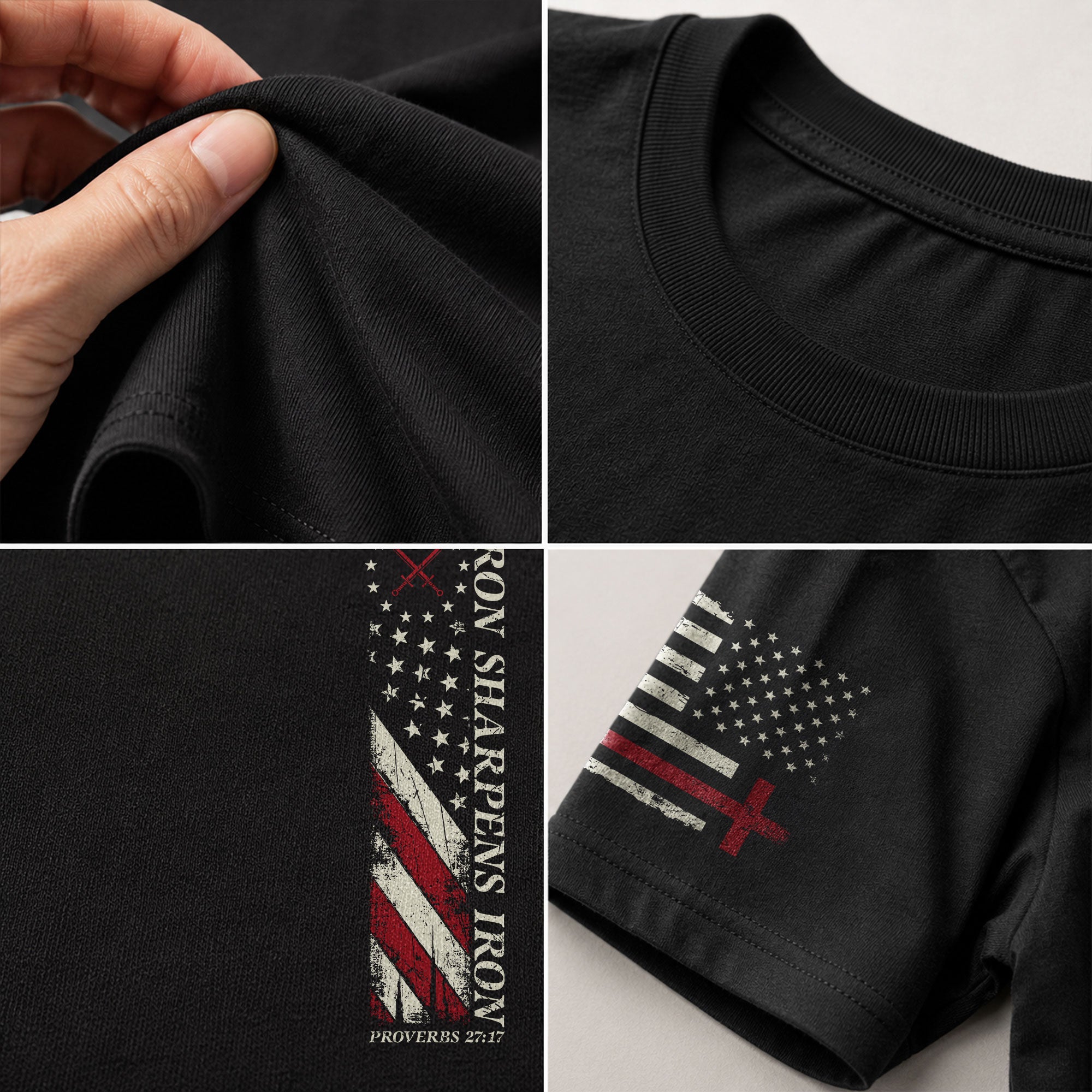 Christian Tee Shirts, Iron Sharpens Iron , Christian Cross and American Flag - Christian Shirts for Men - Rust Field Wear