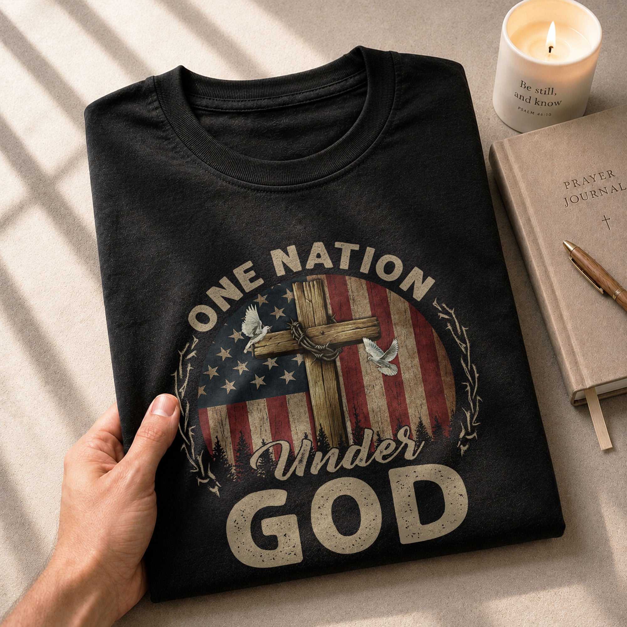One Nation Under God Cross, Flag and Christian Boldwear, Christian Tee Shirts - Faith Shirts for Men - Rust Field Wear