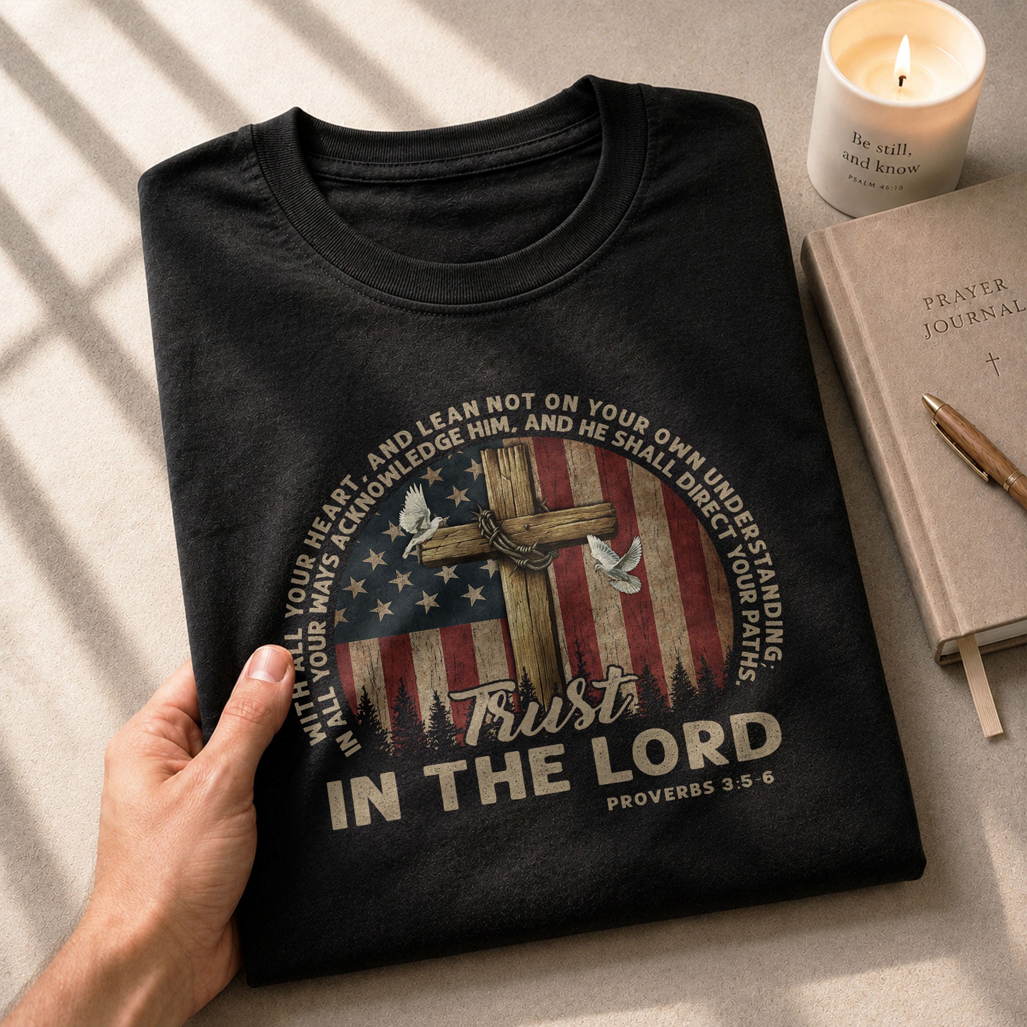 Faith Based Christian Tee Shirts, Trust in the Lord Proverbs 3:5 6 American Faith - Christian Shirts for Men - Rust Field Wear