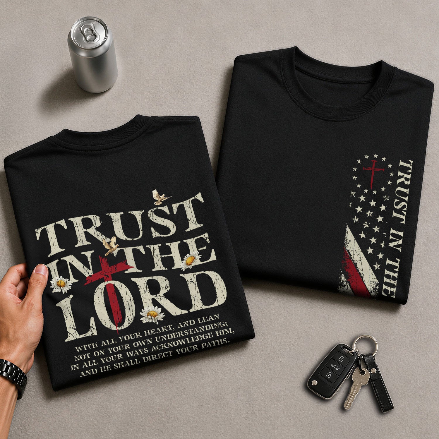 Christian Shirts for Men, Trust in the Lord Christian American Flag, Proverbs 3:5 6 Bible Verse - Christian Tee Shirts - Rust Field Wear