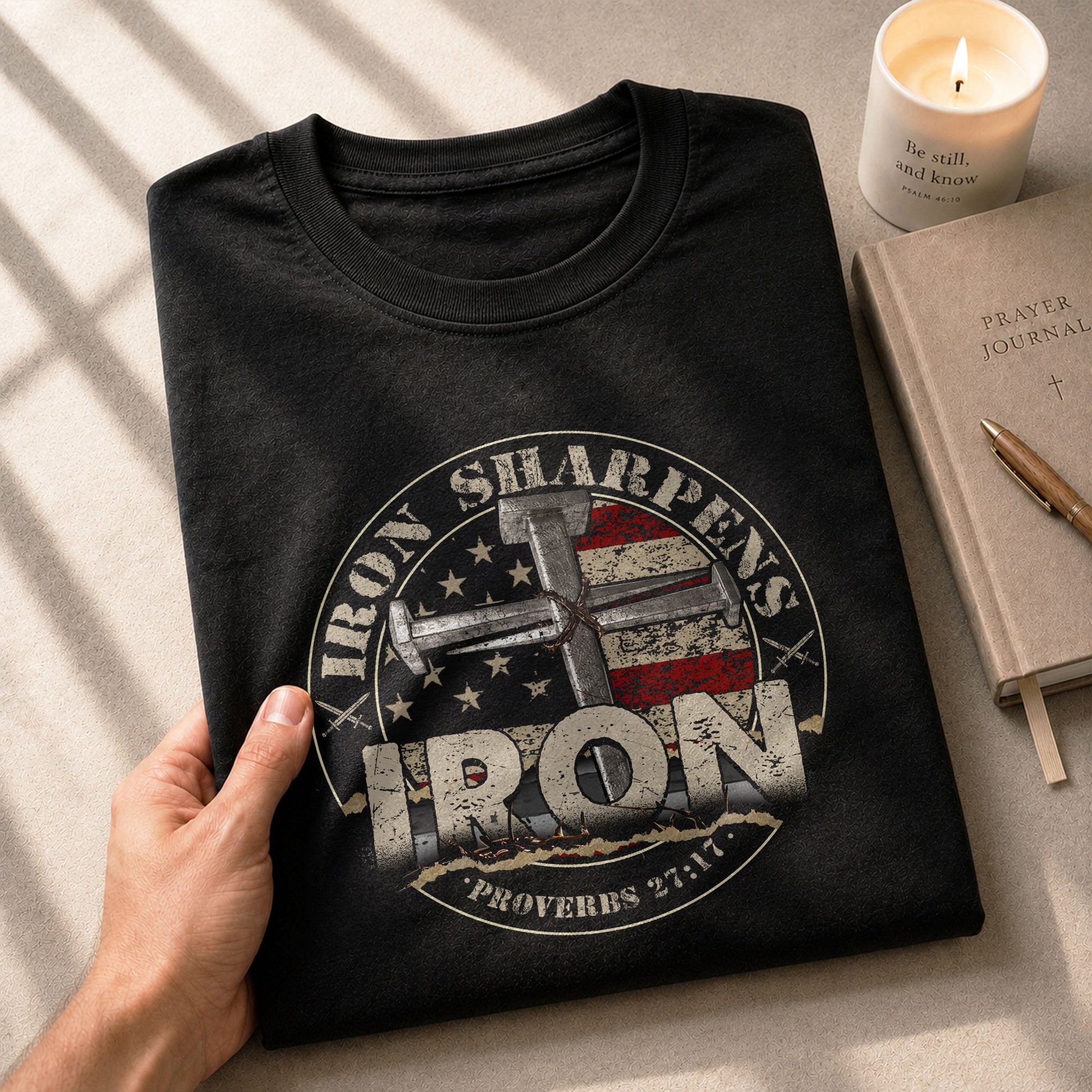 Christian Shirts for Men - Iron Sharpens Iron Proverbs 27:17 Bible Verse, Christian Tee Shirts - Rust Field Wear