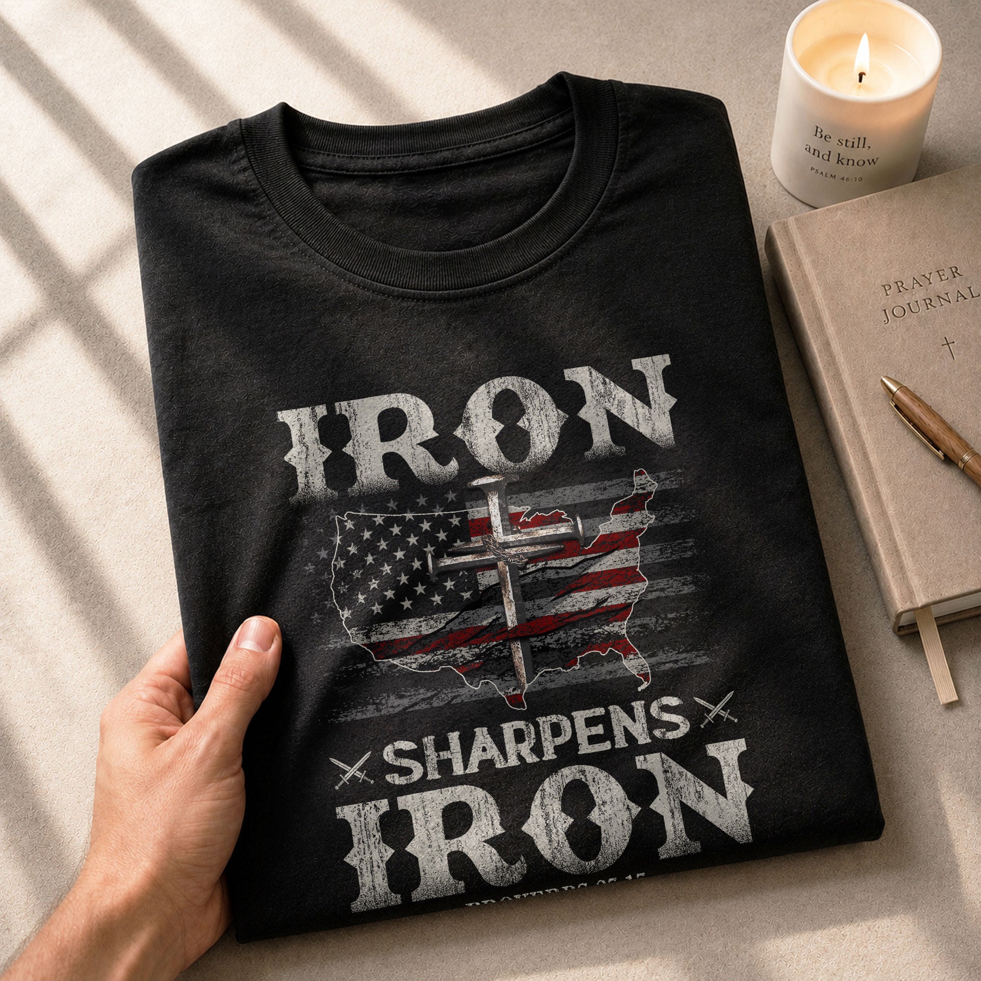 Faith Based Christian Tee Shirts, Iron Sharpens Iron Proverbs 27:17 USA Faith Warrior - Christian Shirts for Men - Rust Field Wear