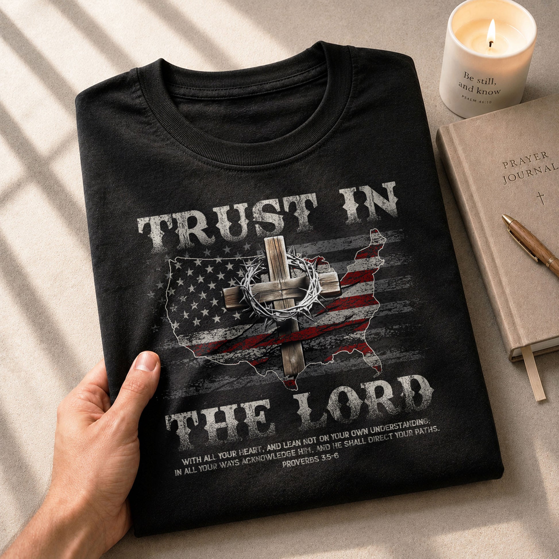 Trust In The Lord Christian Proverbs 3:5 6 Bible Verse American Flag Cross, Christian Tee Shirts - Faith Shirts for Men - Rust Field Wear