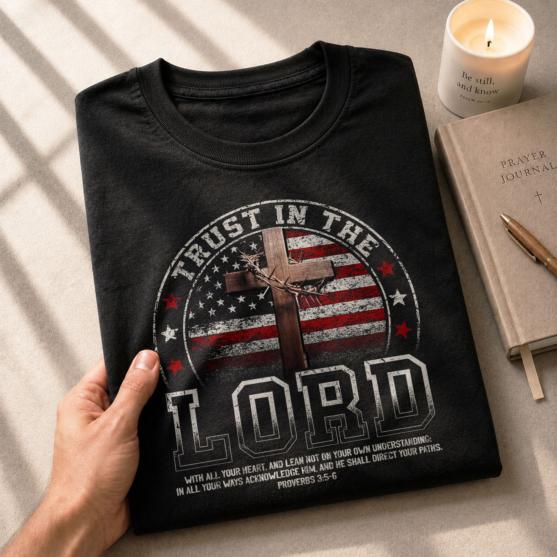Faith Based Christian Tee Shirts, Trust In The Lord Christian American Flag Cross - Christian Shirts for Men - Rust Field Wear