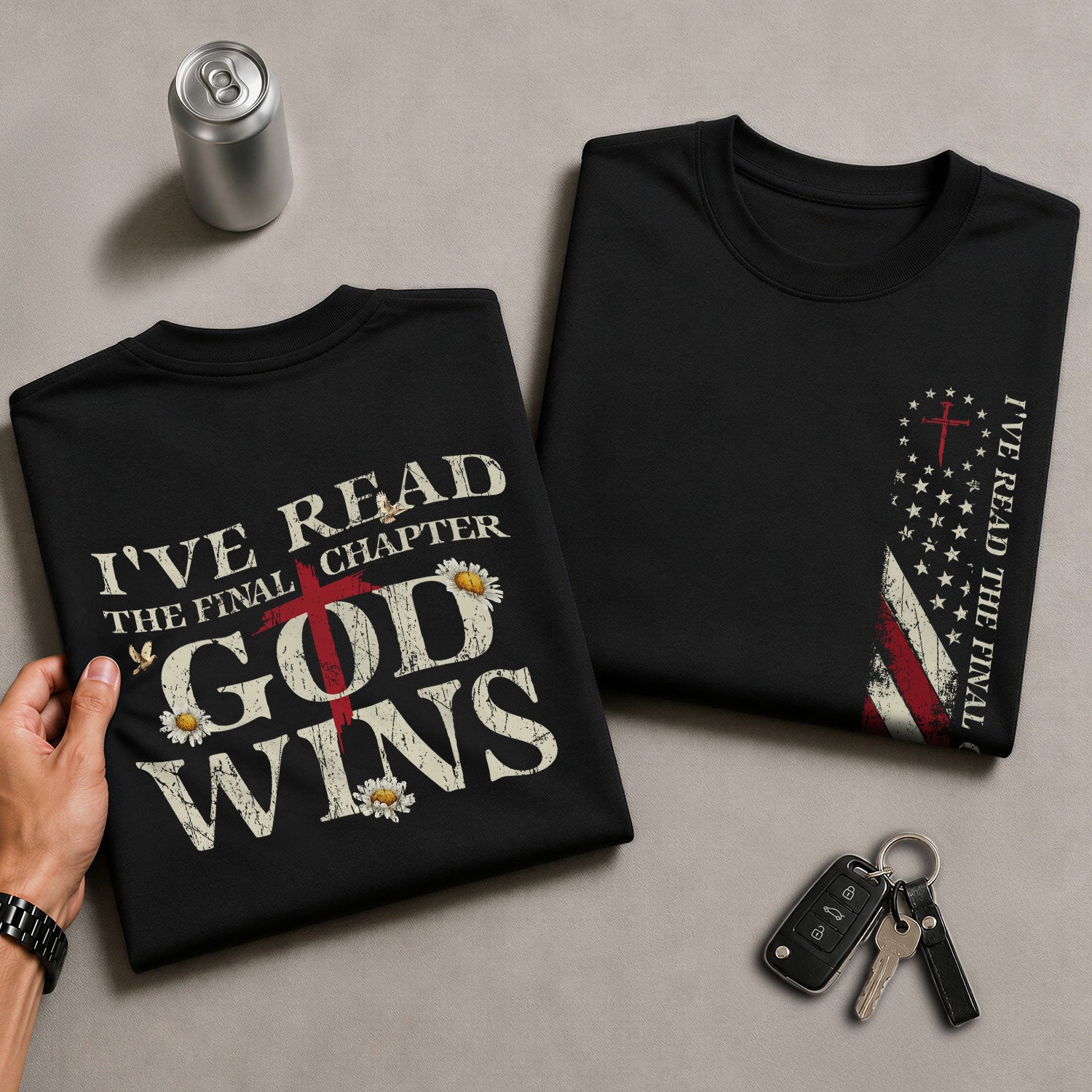 Christian Shirts for Men, God Wins Final Chapter Back Print Christian - Christian Tee Shirts - Rust Field Wear