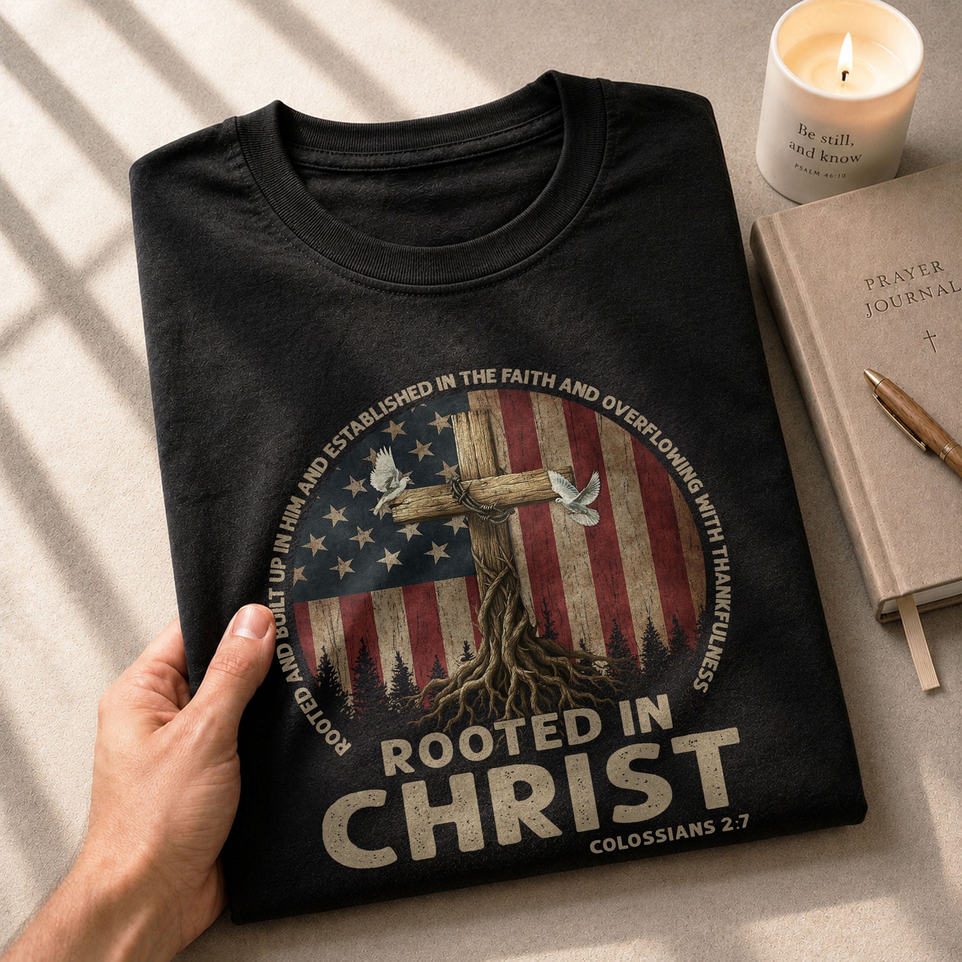 Christian Shirts for Men, Rooted in Christ Colossians 2:7 Christian - Christian Tee Shirts - Rust Field Wear