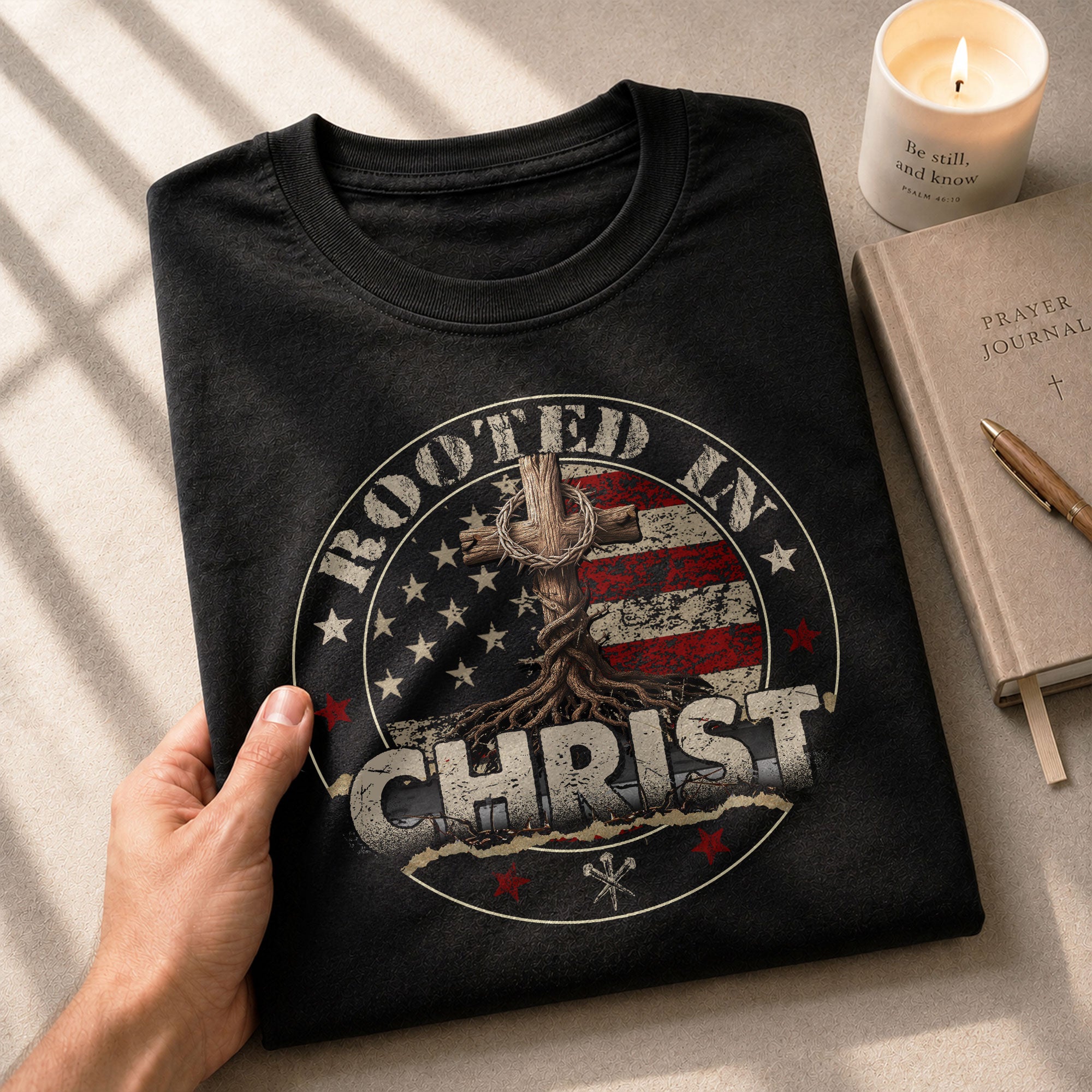 Faith Based Christian Tee Shirts, Rooted in Christ American Flag and Cross - Christian Shirts for Men - Rust Field Wear