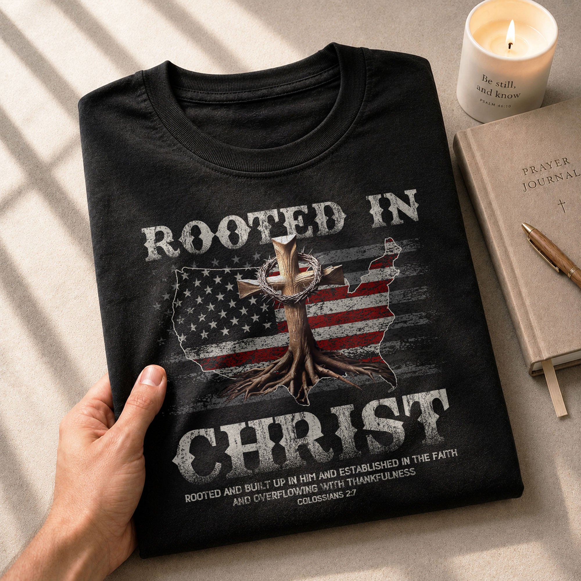 Rooted in Christ USA Flag Map Christian - Christian Shirts for Men, Faith Based Christian Tee Shirts - Rust Field Wear